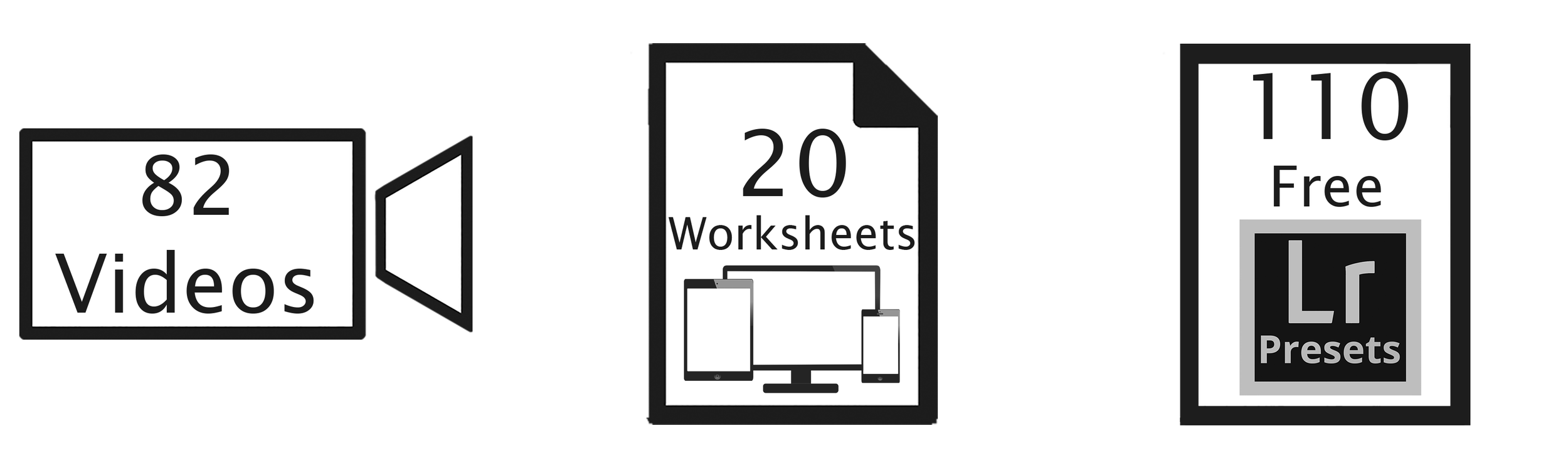 Lightroom course graphic, videos, worksheets, presets