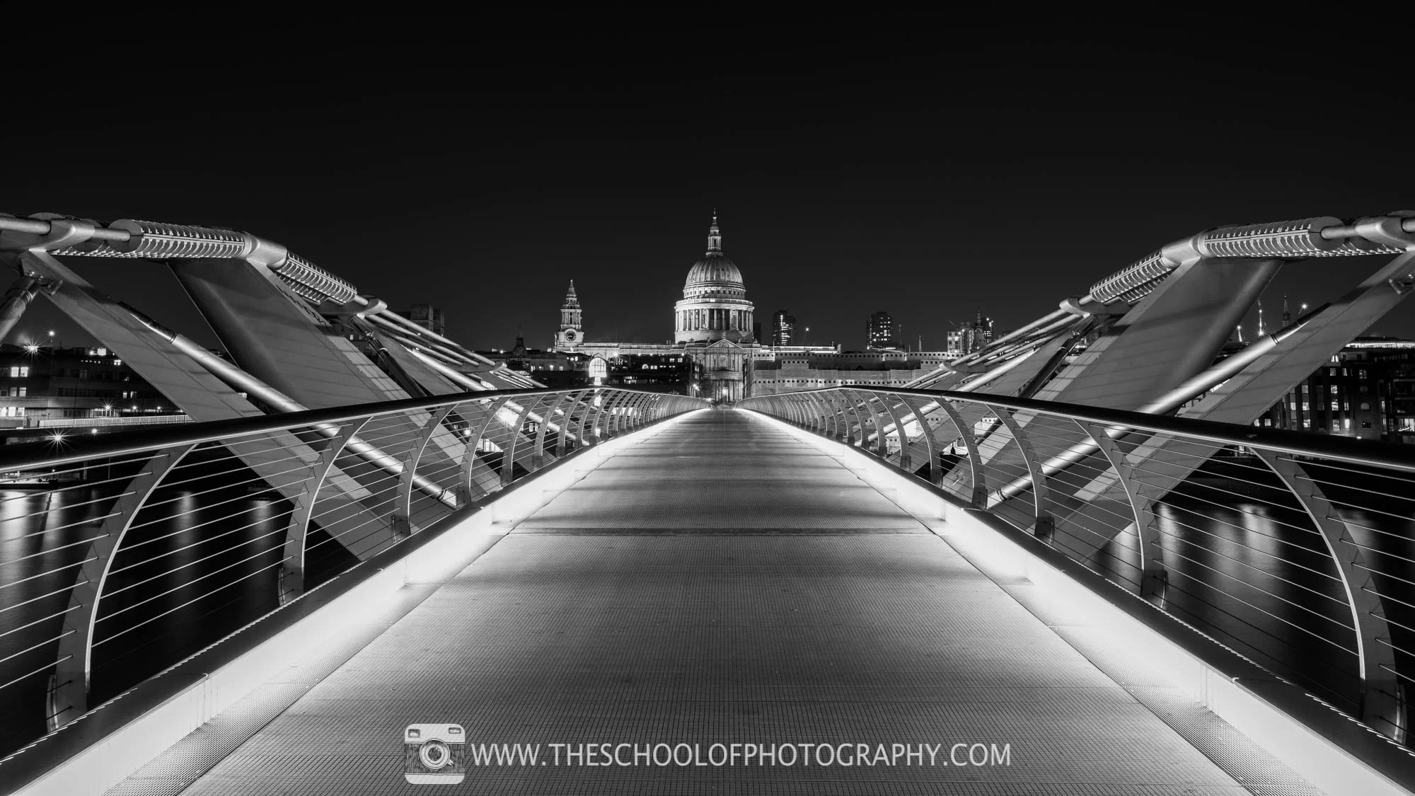 Millenium Bridge with St Pauls, London in black and white