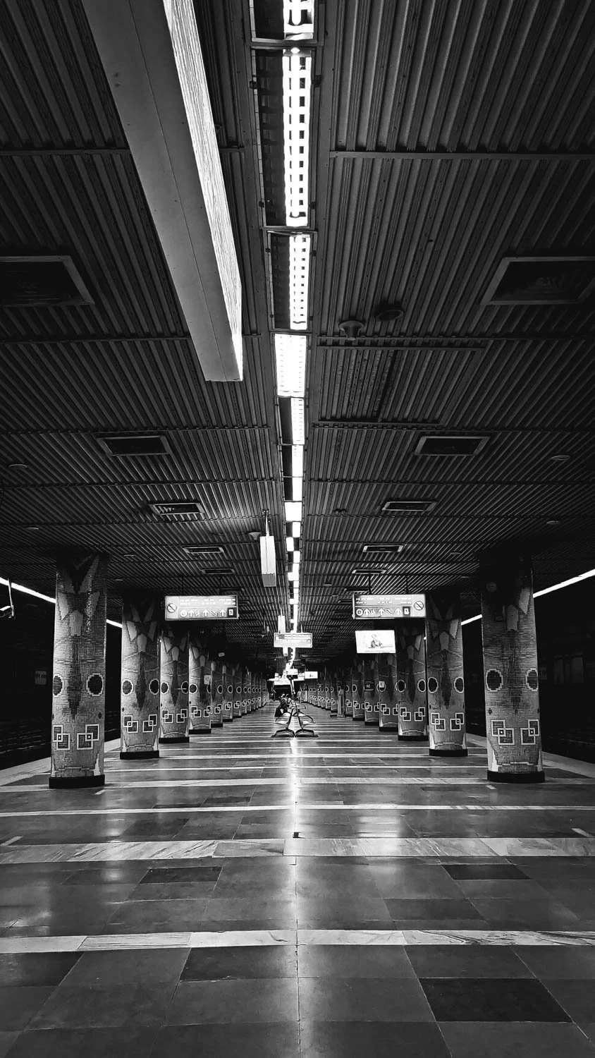 train station platform in black and white