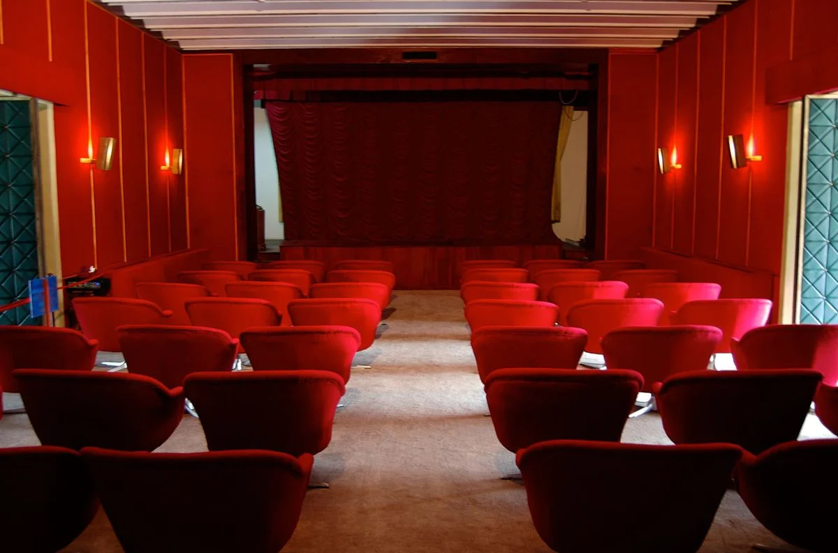 Here the cinema is seen with different seating arrangement and carpet.