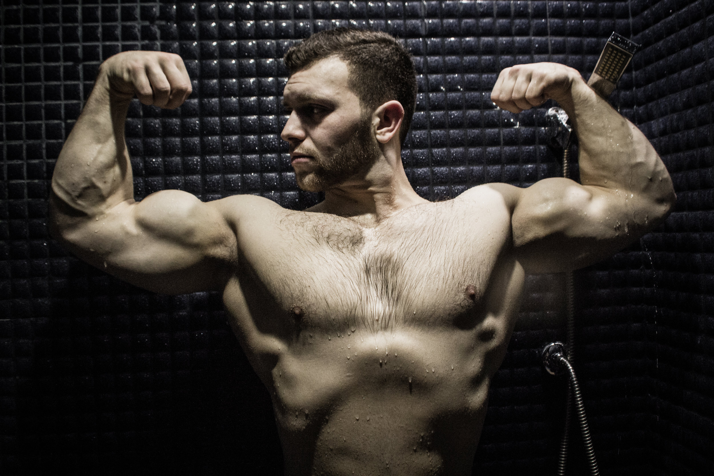 Monster Muscle flexing in shower 