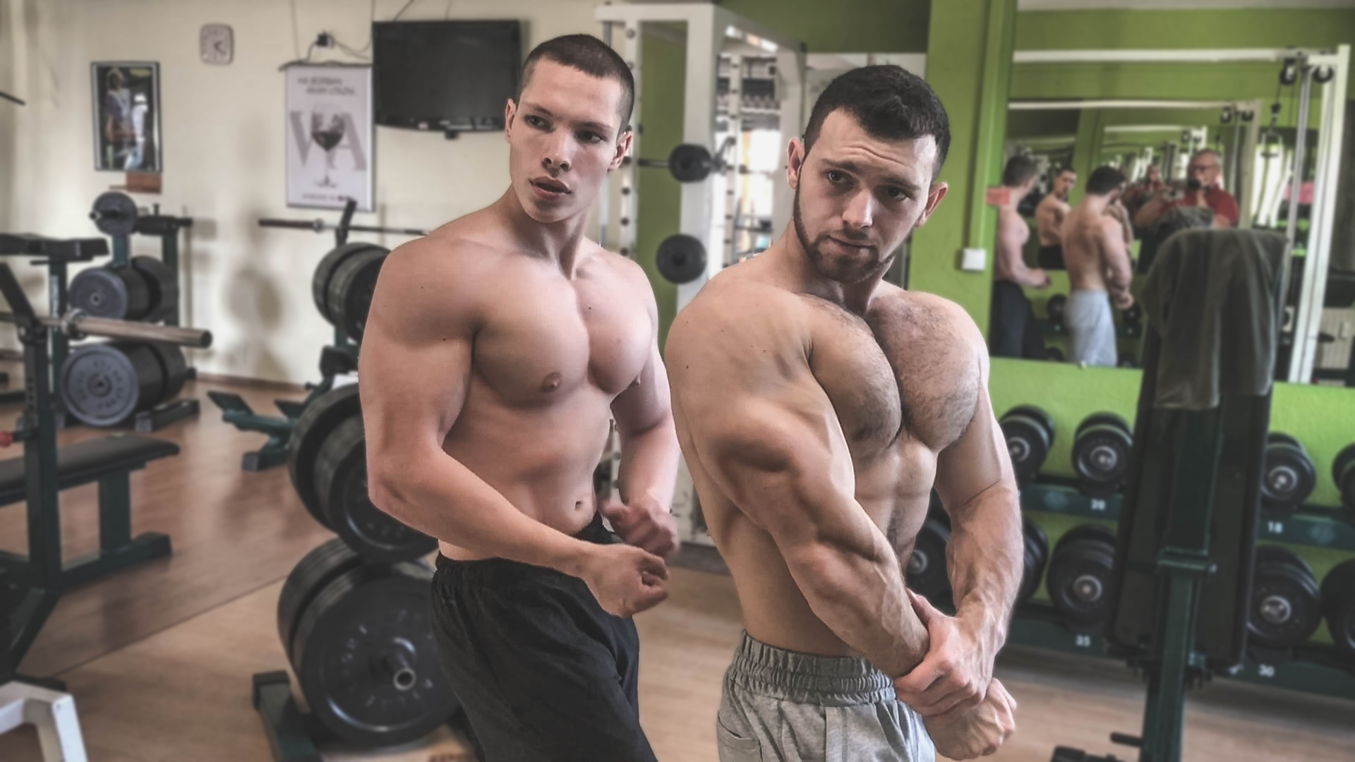 training day with Sergey - pumped up giant muscles with friend