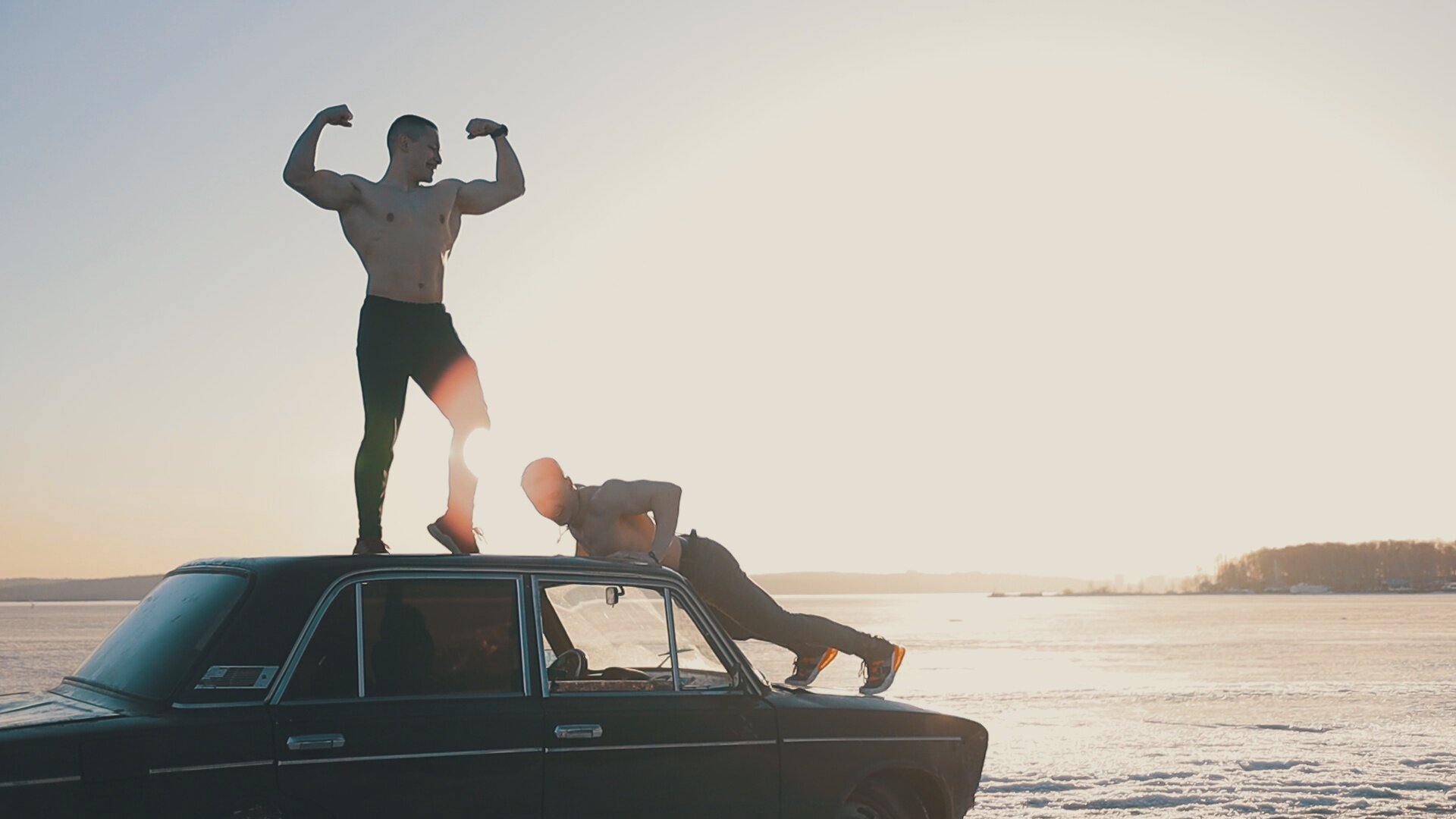 Car lifting And Flexing Show With 3 handsome Siberian Muscle boys