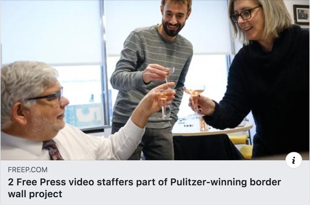 APRIL 2018 And the hits just keep on coming. Kathy is part of the team that won the 2018 Pulitzer Prize for Explanatory Journalism for a series of multimedia stories/videos that examined the difficulties and unintended consequences of fulfilling President Trump's pledge to construct a wall along the U.S. border with Mexico.