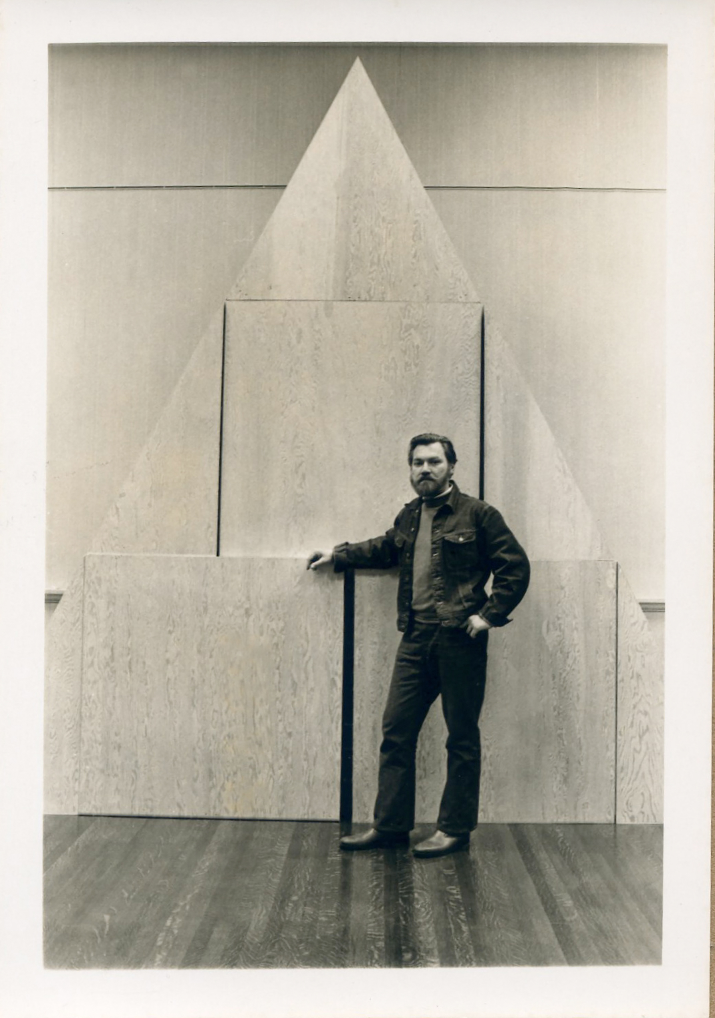   JU with his monolithic plywood sculptures on exhibition at the Ann Mary Brown memorial, Brown University,&nbsp;Providence, RI. 1972  