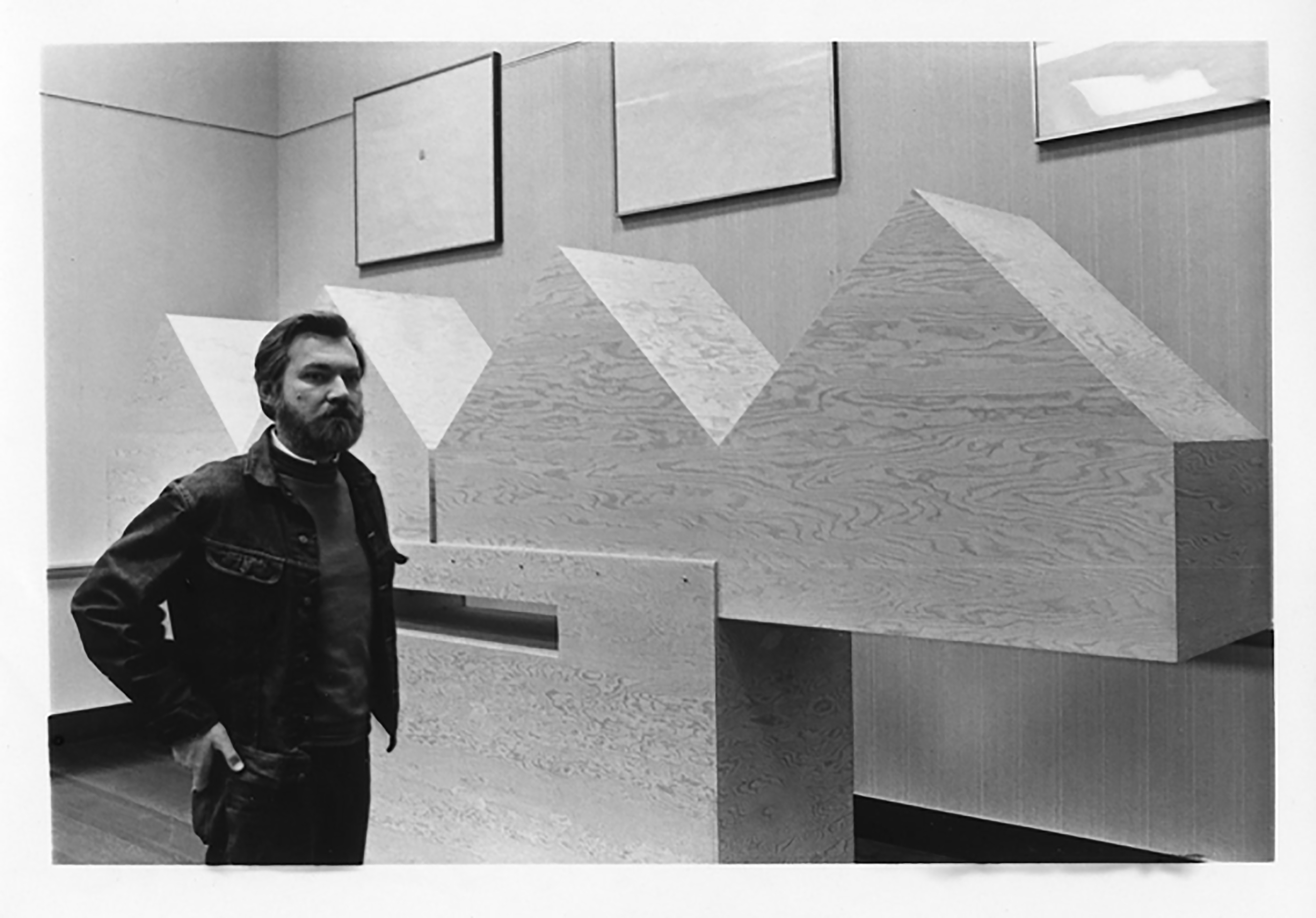   JU with his monolithic plywood sculptures on exhibition at the Ann Mary Brown memorial, Brown University,&nbsp;Providence, RI. 1972  