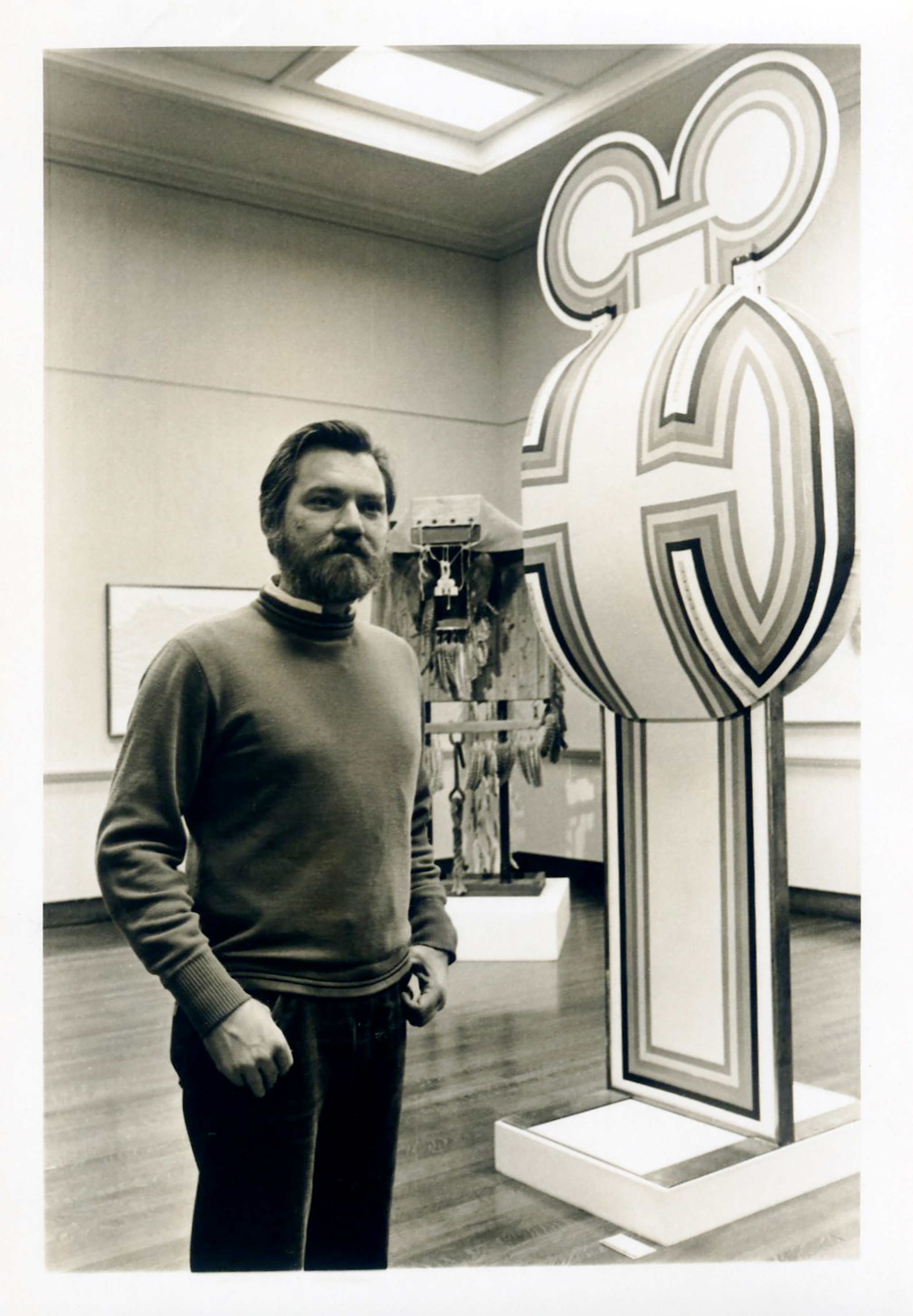   JU with his monolithic plywood sculptures on exhibition at the Ann Mary Brown memorial, Brown University,&nbsp;Providence, RI. 1972  