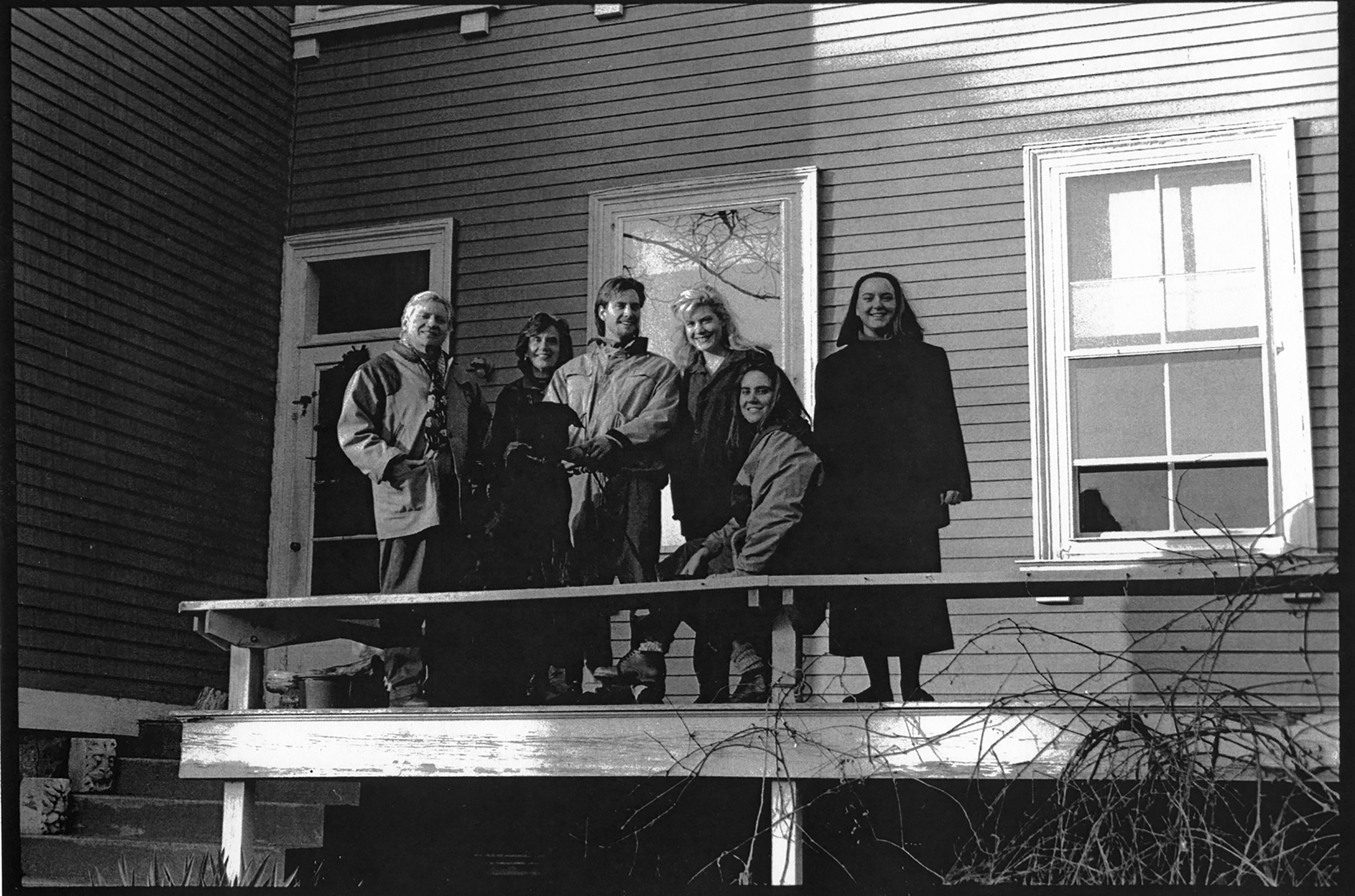   Left to right - JU, Lyn, Aaron, Jessica, Shana, Chryssa, and dog Tosca on back side porch, 900 Hope St, Bristol, RI, Thanksgiving, c. 1989  