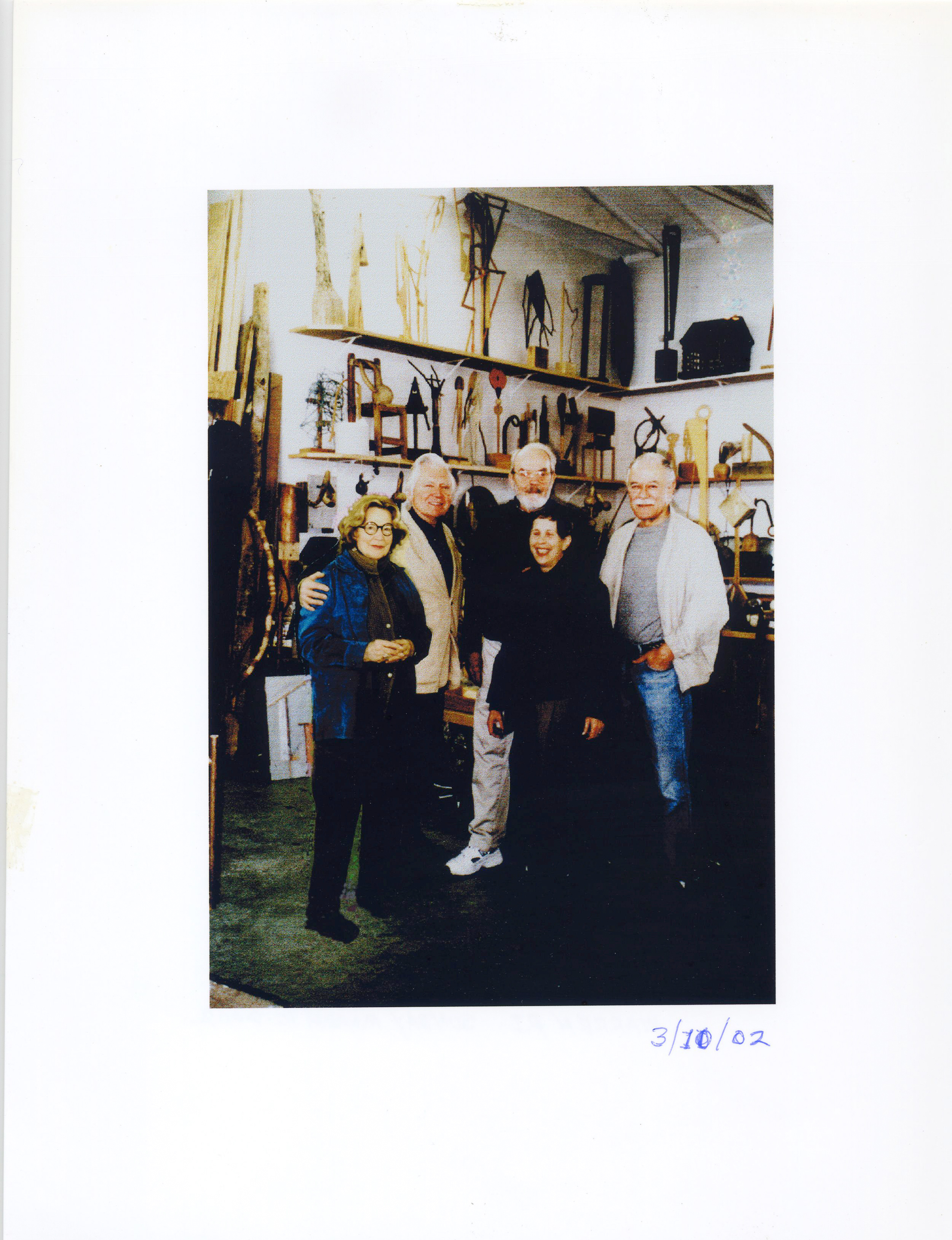   Friends and colleagues on a visit to JU's studio, 60 Croade St., Warren, RI. Left to right - Mary Townley, JU, Hugh Townley, Bunny Fain, and Jean Fain in the foreground.&nbsp;March 10, 2002  