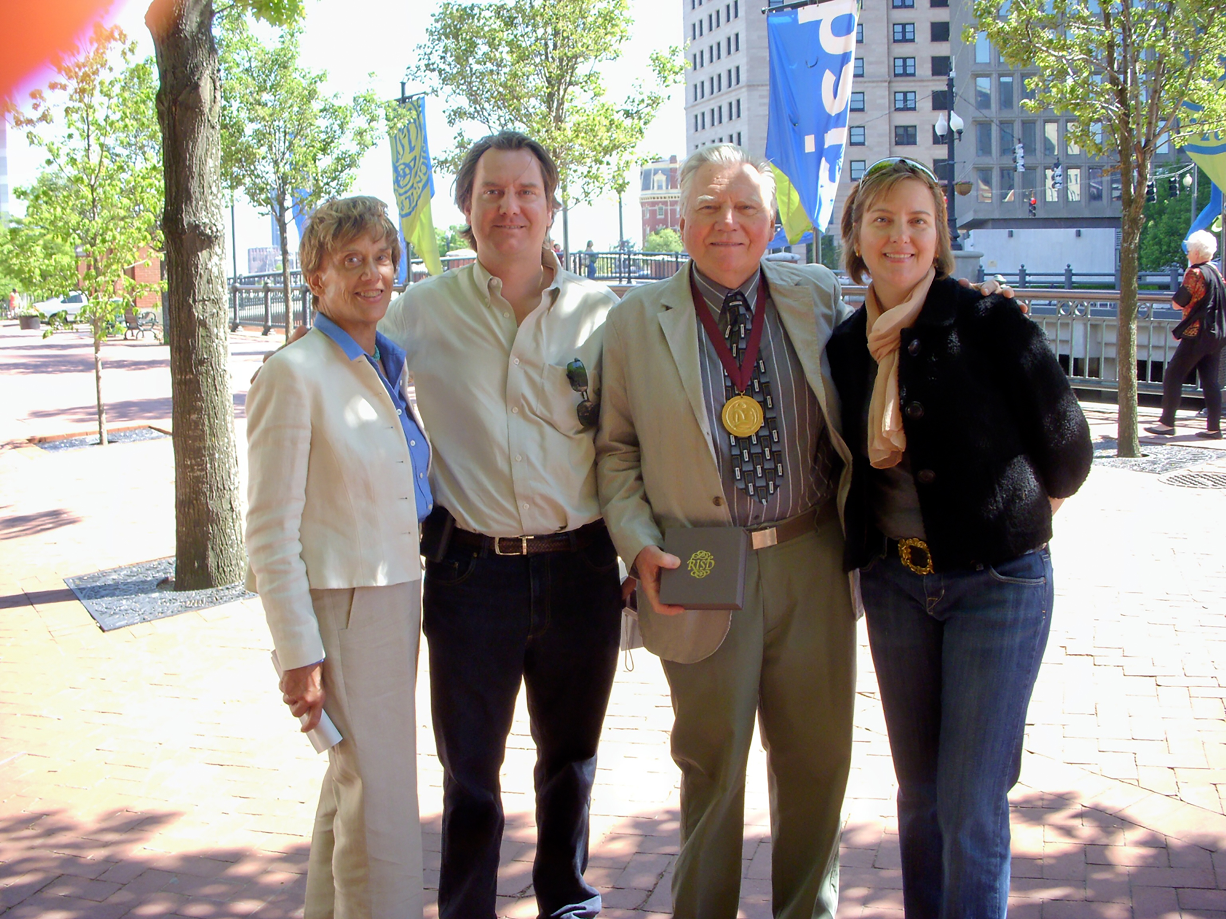   Lyn, Aaron, JU and Chryssa outside the Rhode Island School of Design's auditorium after JU was awarded RISD's Gold Sophia Medallion honoring him for his 34 years of teaching and service to the college. May 29, 2008  