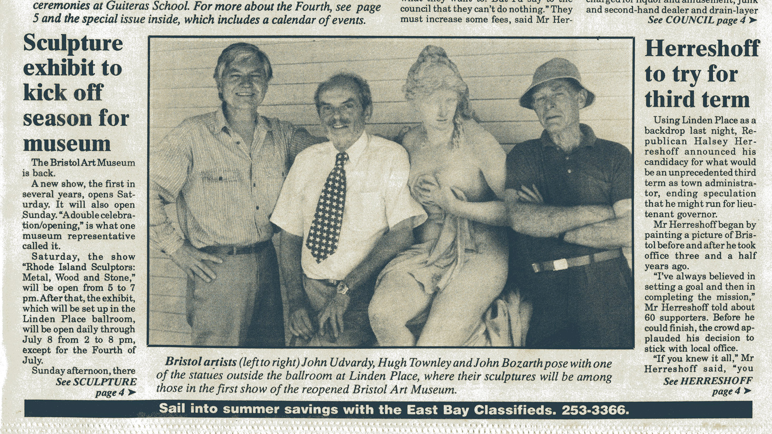   JU with sculptors and colleagues Hugh Townley, John Bozarth and Aphrodite at the Bristol Art Museum, Bristol Phoenix Newspaper, June 21, 1990  