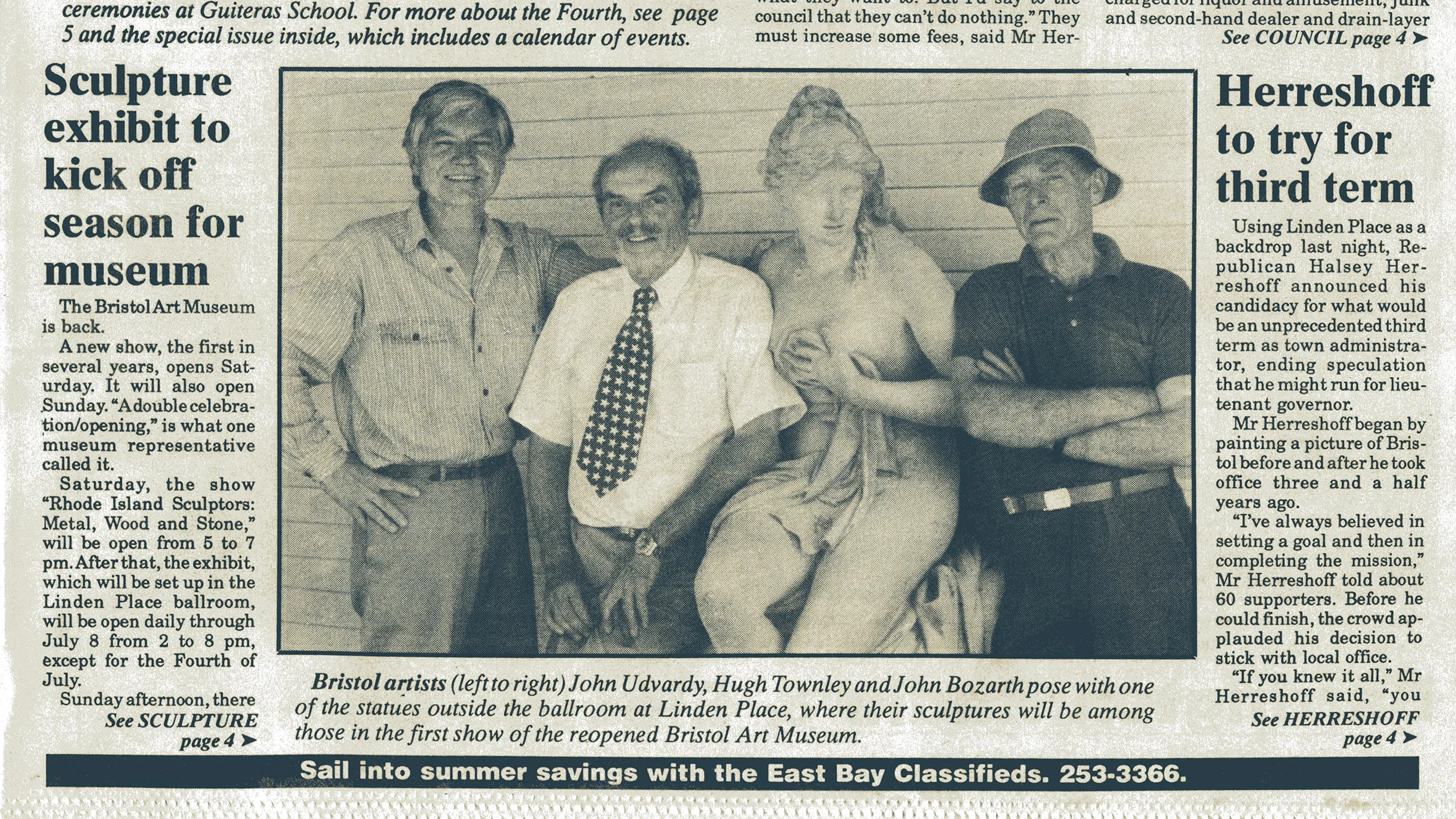 JU with sculptors and colleagues Hugh Townley, John Bozarth and Aphrodite at the Bristol Art Museum, Bristol Phoenix Newspaper, June 21, 1990