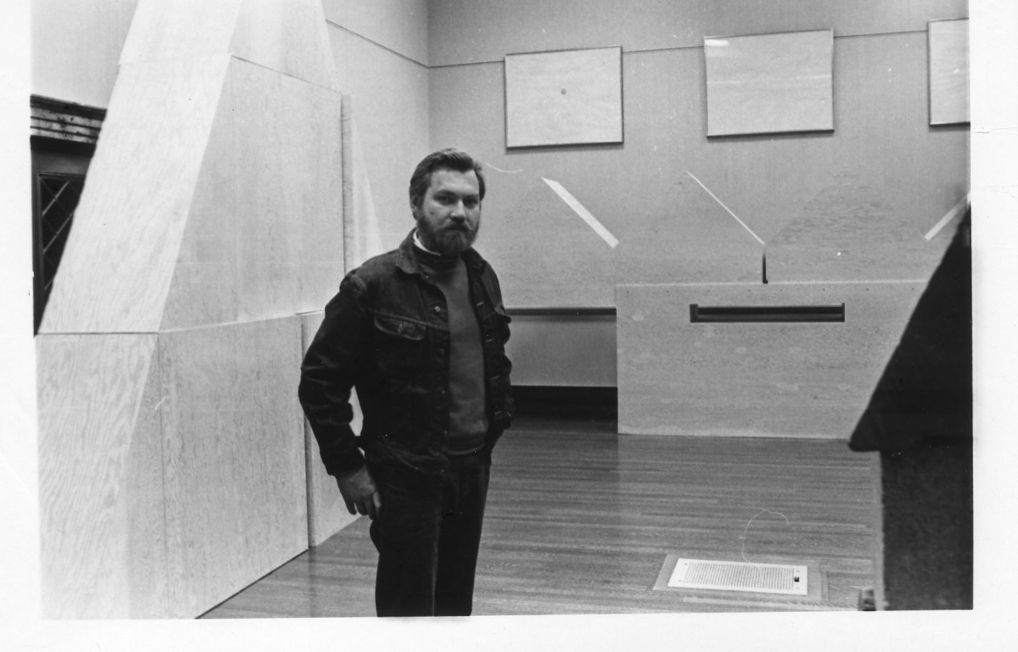   JU with his monolithic plywood sculptures on exhibition at the Ann Mary Brown memorial, Brown University,&nbsp;Providence, RI. 1972  