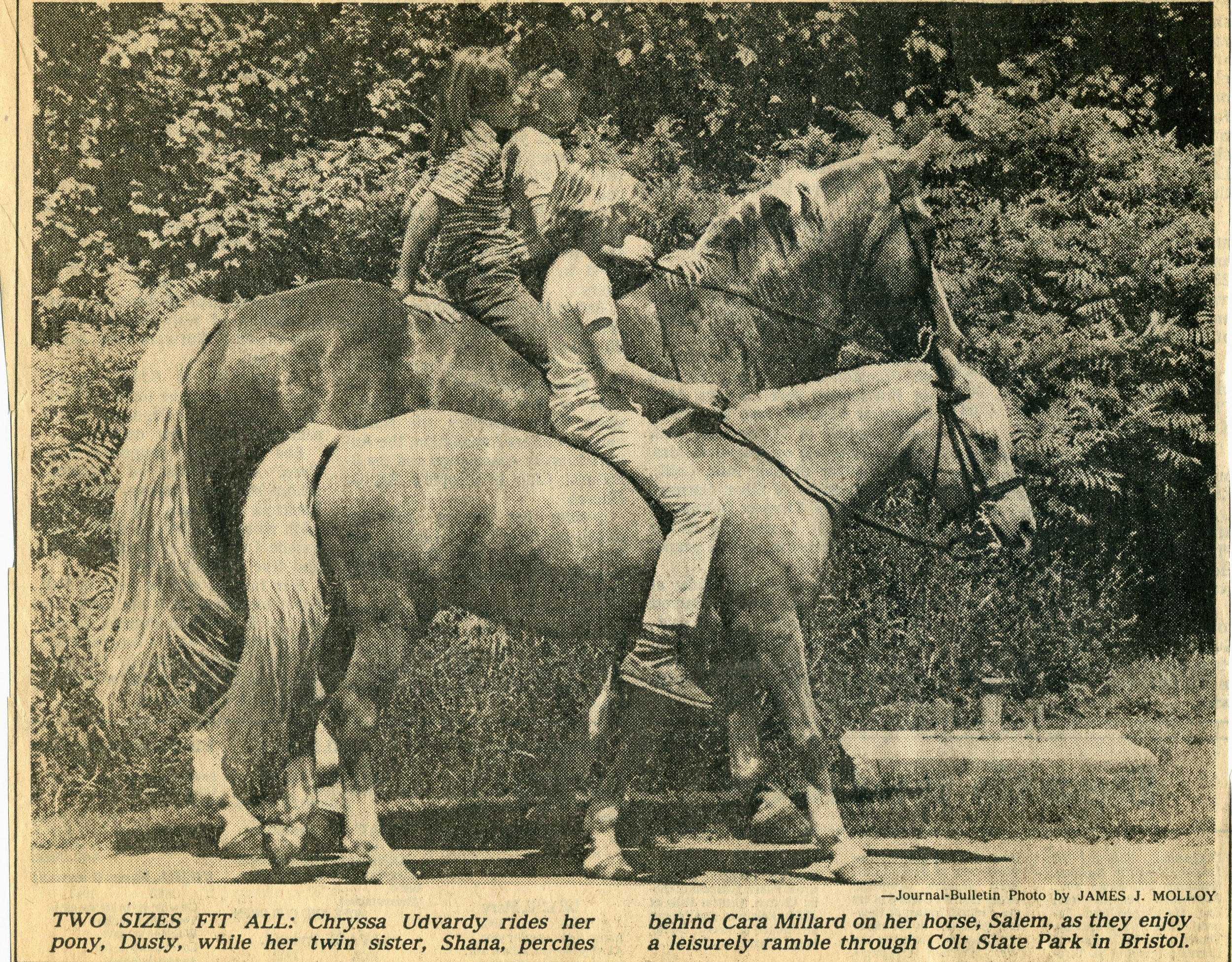   Shana and Chryssa ride their horse and pony in Colt State Park, Bristol, RI  