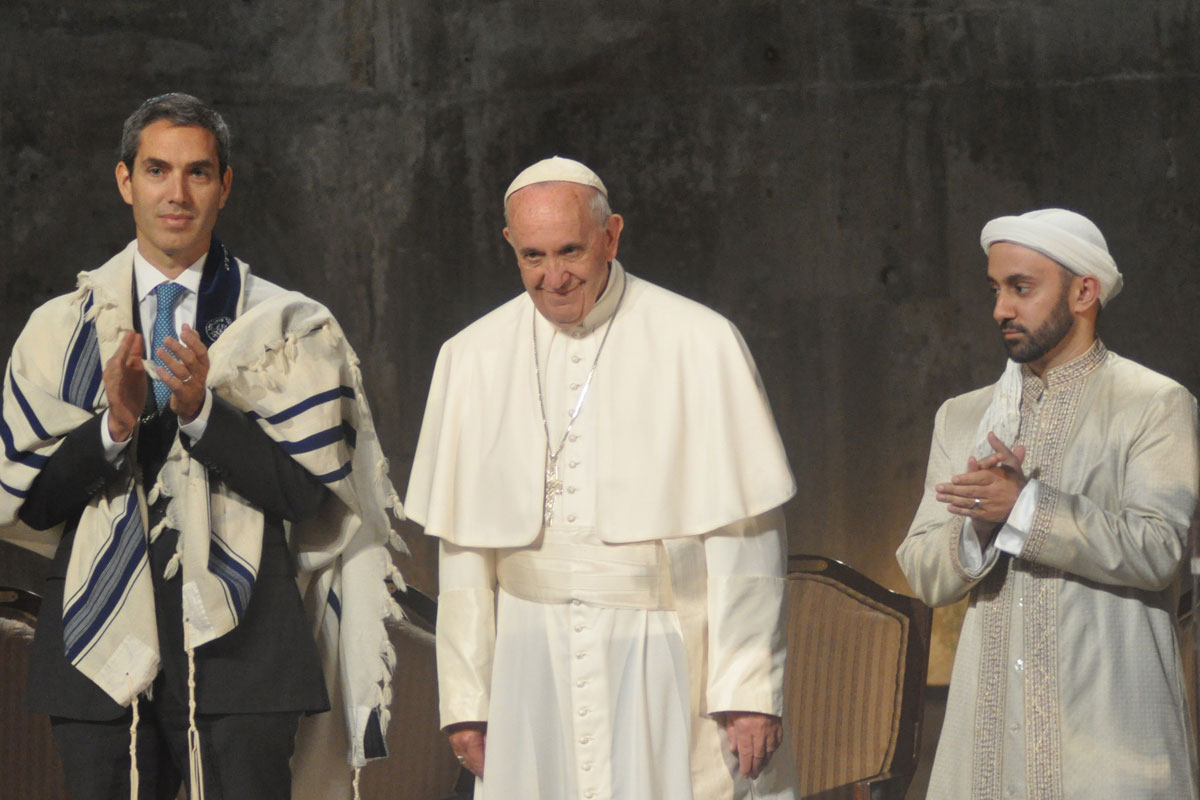 Pope Francis, Rabbi Elliot Cosgrove, and Imam Khalid Latif speak during an interfaith prayer event at the National September 11th Memorial and Museum in New York City on September 25, 2015. Source: Barbara Wheeler-Bride / Busted Halo