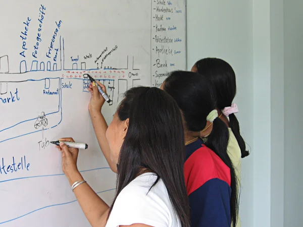 Women participating in an exercise in German class. Source: Fountain of Life Women's Center