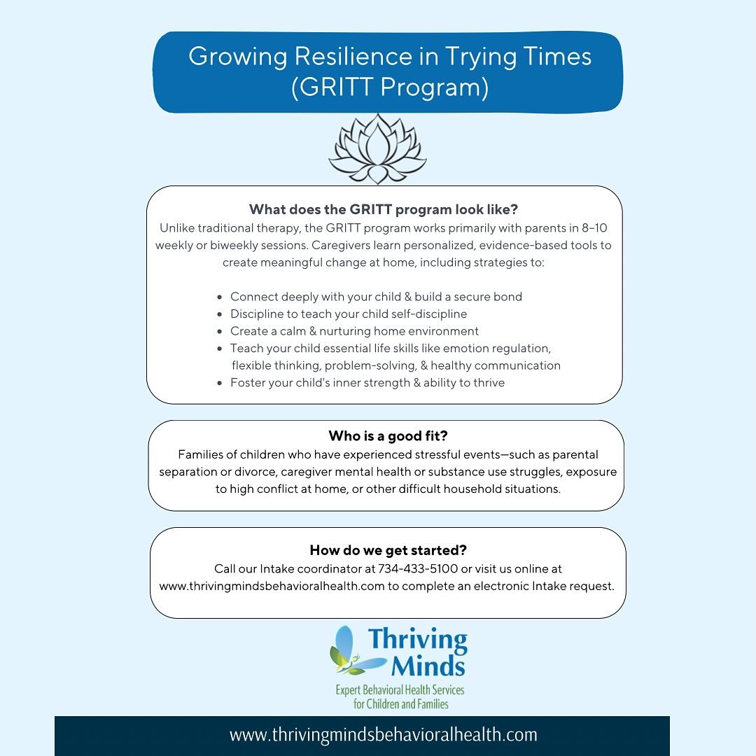 What does the GRITT Program look like?
Unlike traditional therapy, GRITT works primarily with parents through 8&ndash;10 weekly or biweekly
sessions. Caregivers learn personalized, evidence-based tools to create meaningful change at
home &mdash; help