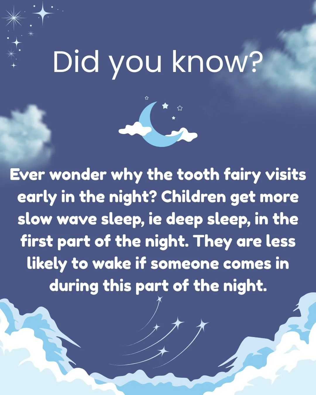 Happy Sleep Week 2026! 💤🦷✨

Final Sleep Week Fact:
Ever wonder why the Tooth Fairy tends to visit early in the night?

Children get more slow wave sleep (deep sleep) during the first part of the night. During this stage, they&rsquo;re much less lik