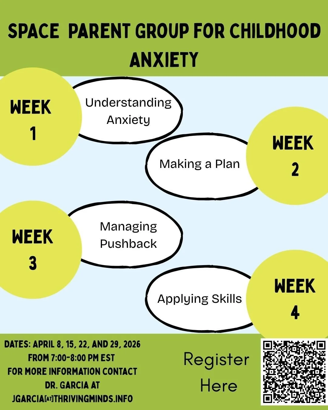 Join Dr. Jennifer Garcia for a 4-week SPACE (Supportive Parenting for Anxious Childhood Emotions) workshop 💻✨

Designed for parents of children and teens with anxiety, OCD, selective mutism (SM), or related challenges, this virtual workshop will tea
