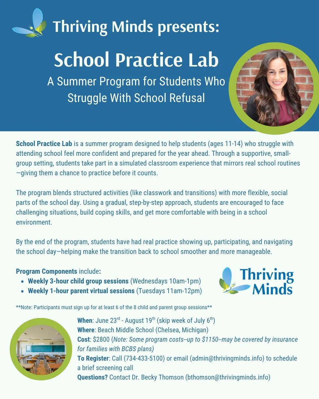 Is your middle schooler struggling with school refusal or anxiety about returning to school? Thriving Minds&rsquo; School Practice Lab is here to help!

Designed for students ages 11&ndash;14, this summer program offers a supportive small-group setti