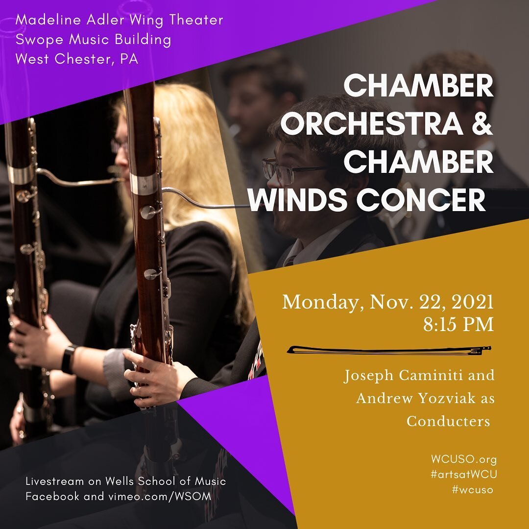 Join our Chamber Orchestra in a concert with Chamber Winds at Madeline Wing Adler Theater on Monday, November 22nd 2022 at 8:15 pm. 

Livestream at Vimeo.com/wsom