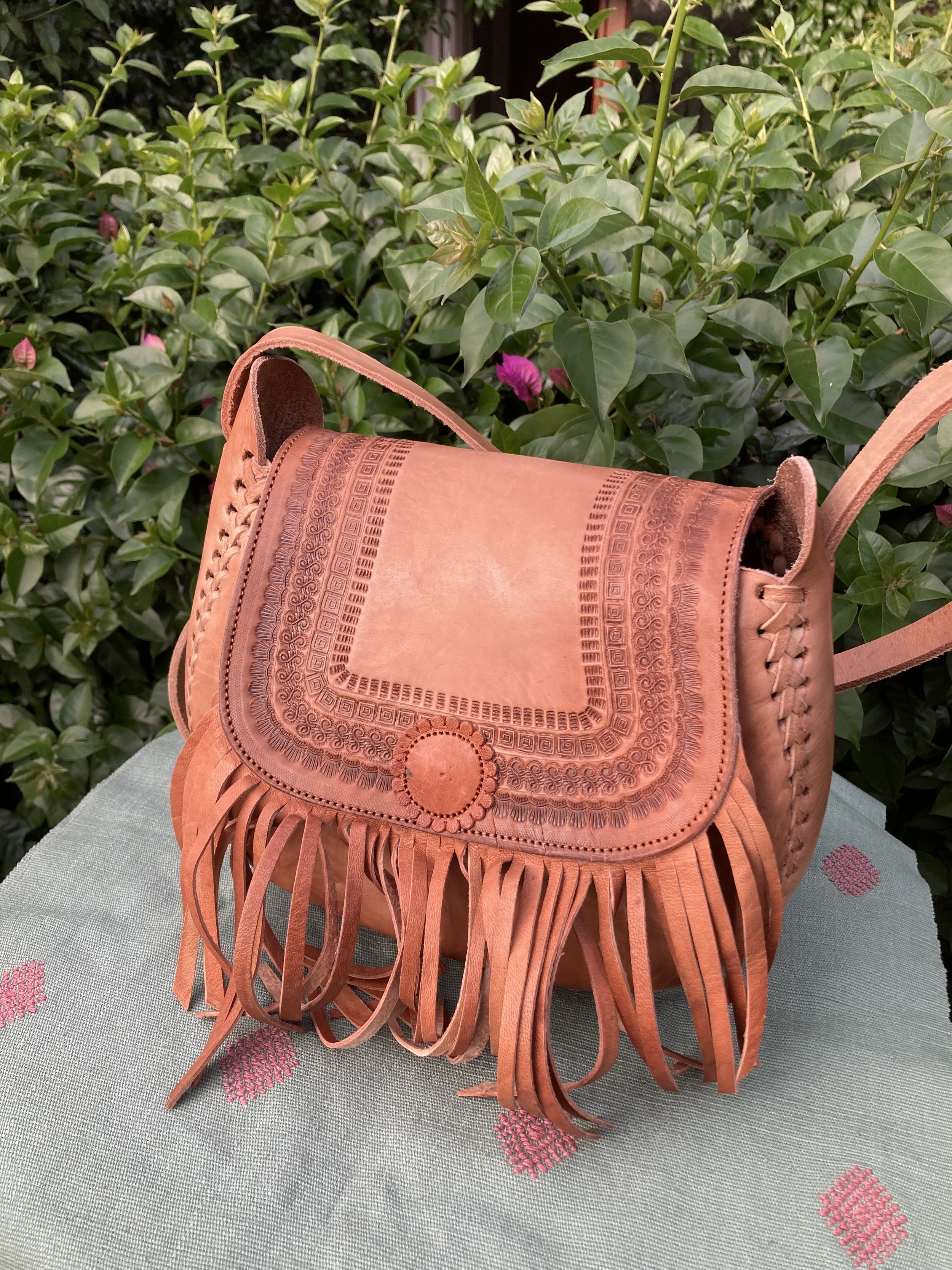 Leather Fringe Bag Hand Stamped — FORTUNA CHOCOLATE organic, ancestral,  sustainable