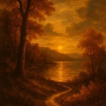 Sunset over a calm lake surrounded by trees and mountains in autumn colors.