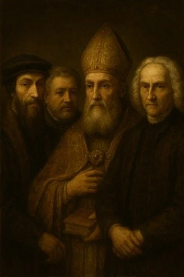 Painting of four men, one dressed as a religious figure with a mitre and staff, and the others in dark clothing, set against a dark background.