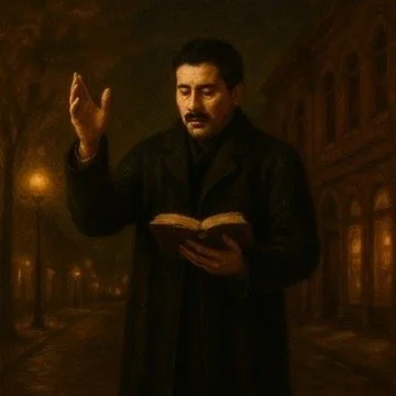 A man with dark hair and a mustache, dressed in black, holding a book in one hand and gesturing with the other, standing outdoors at night with softly lit trees and buildings in the background.
