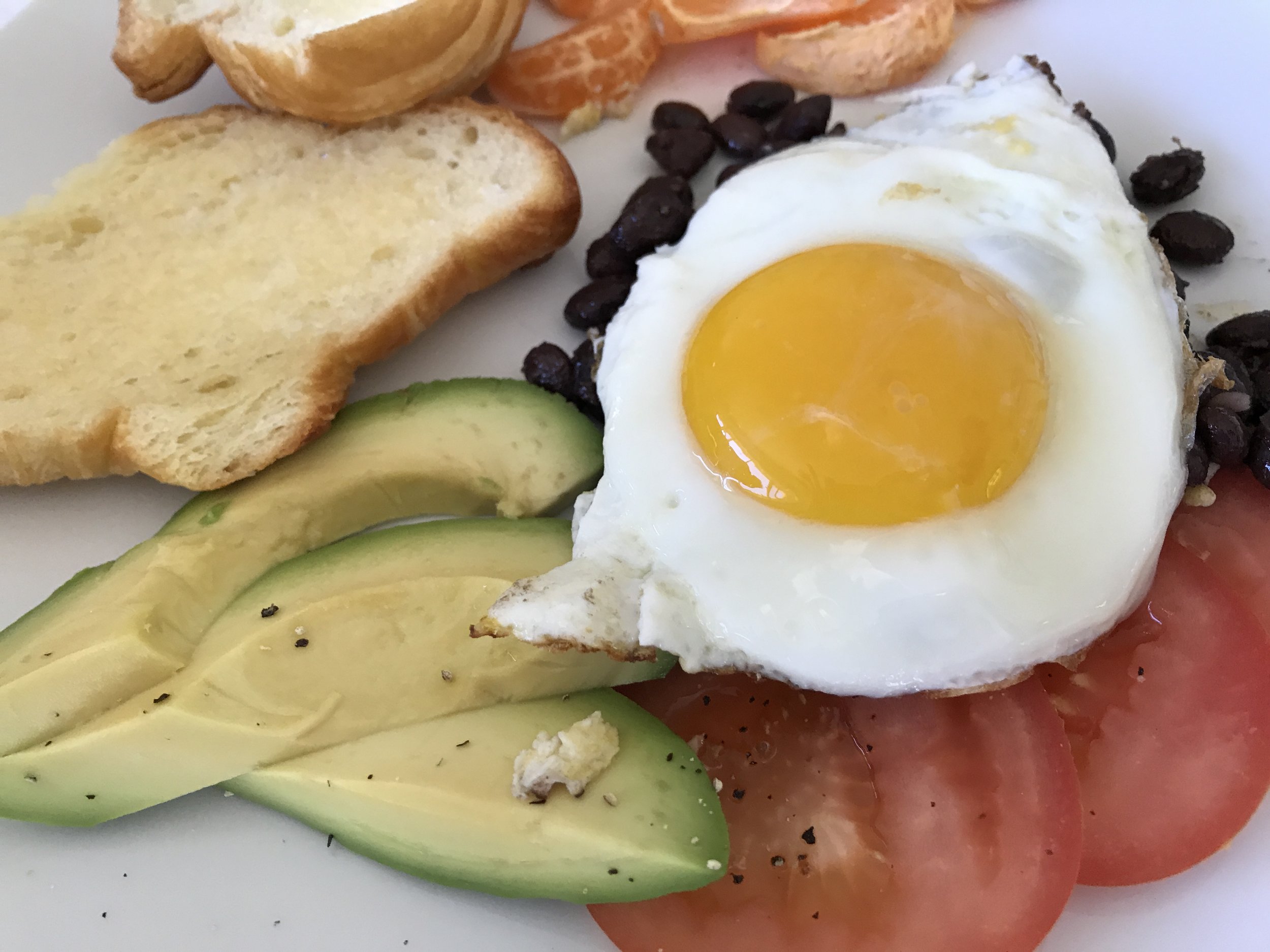 We had a lovley breakfast Saturday. Avocado, croissant, black beans, tomatos, oranges with a sunny side up egg!