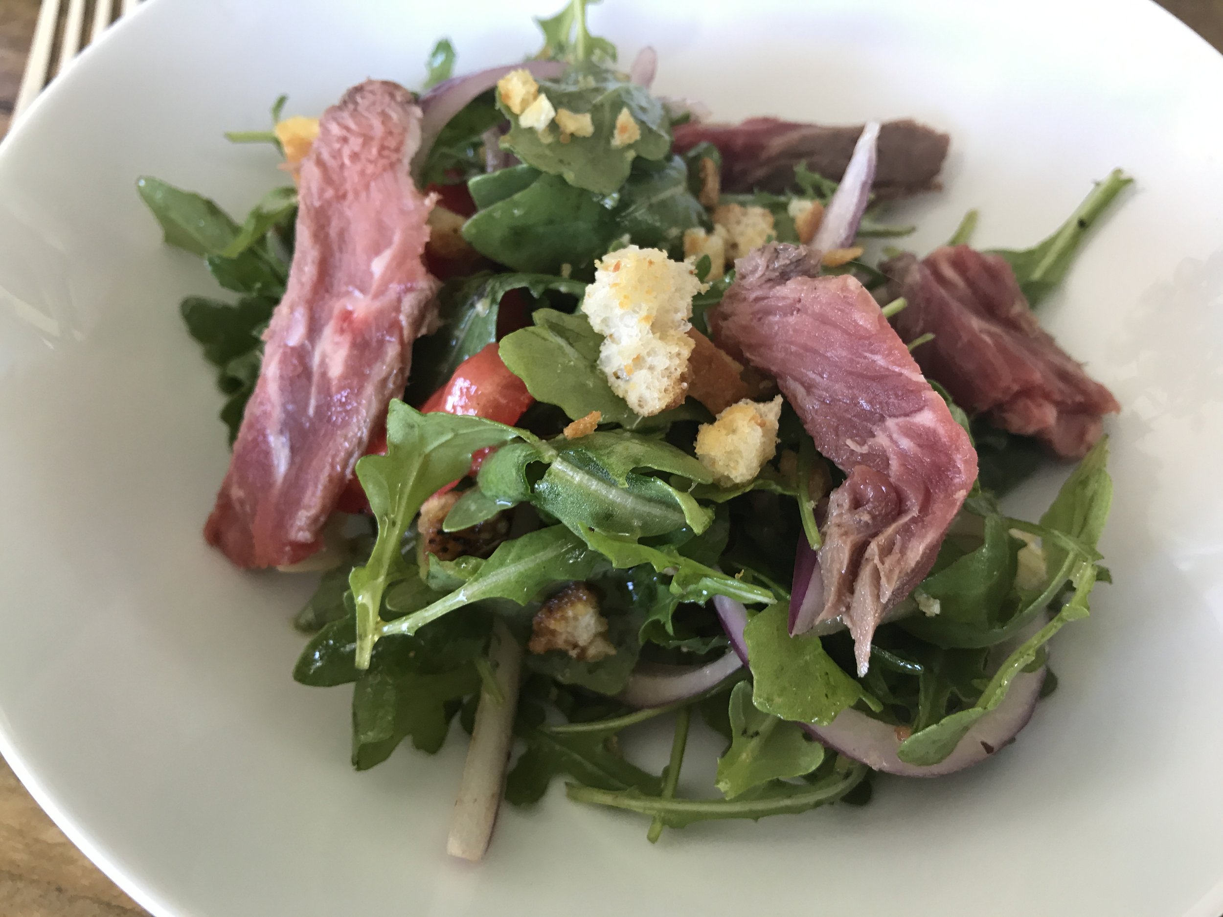 I love being able to use a cut of meat for several meals as opposed to just buying some for one! This is a cold beef salad my husband whipped up with the left over steak from Friday night! Wonderful lunch for us!
