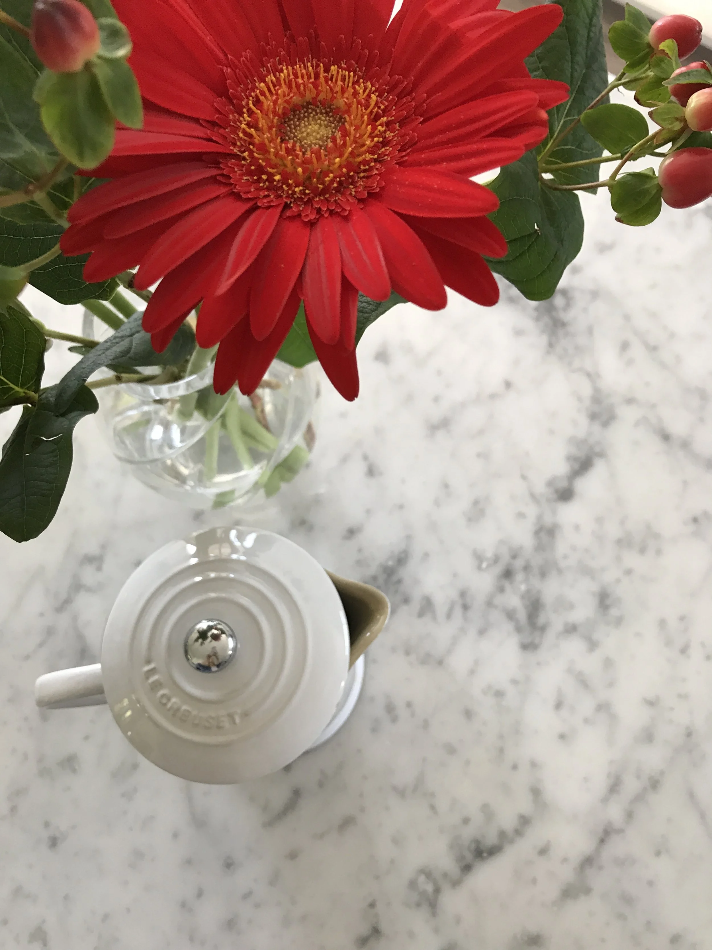 My beautiful Husband brought home some flowers this weekend which are beyond gorgeous! REd to celebrate both Canada Day and the Fourth of July! On the weekend we enjoy using our carafe from Le Creuset. Spending a little more time with the luxury of coffee always helps us feel a bit more relaxed!