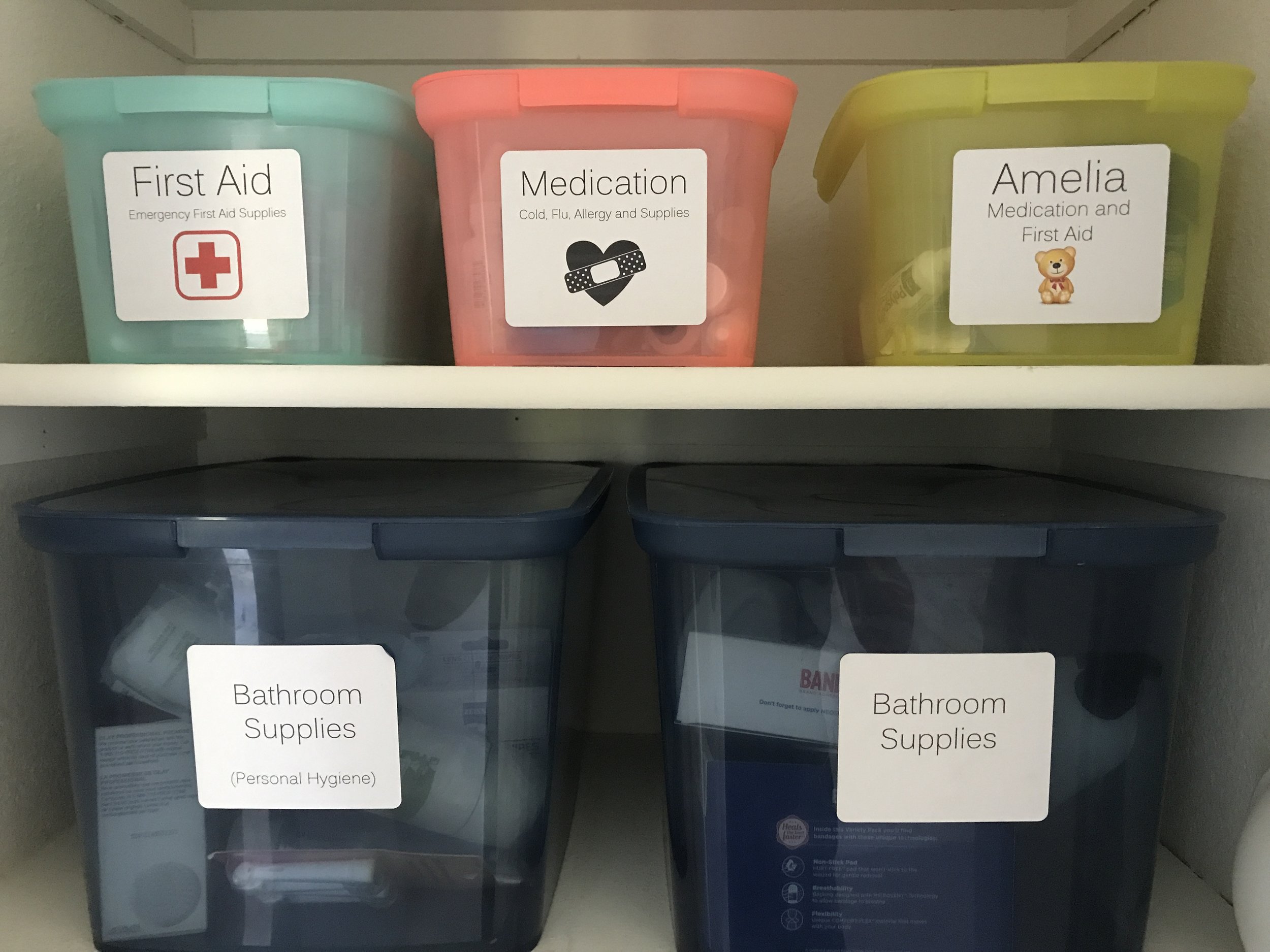 I spent some time each day of our vacation knocking some things off of a long term to do list! First up was fixing the labels on the medicine boxes in our hall closet. So glad to have that done!