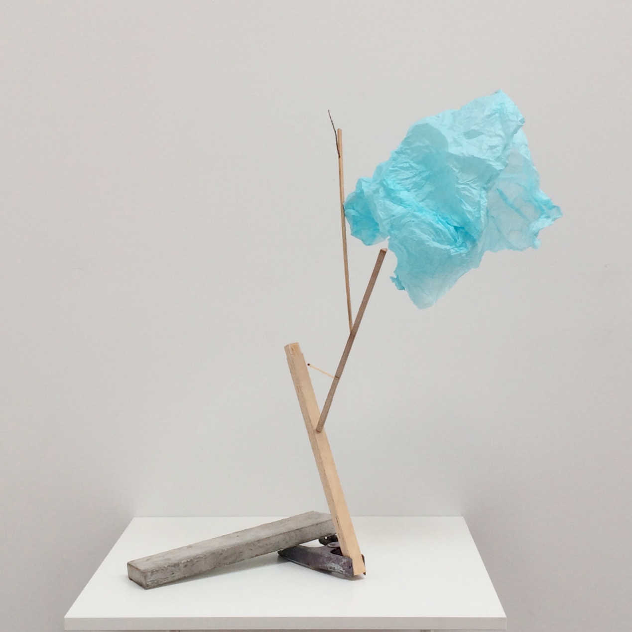   acot  &nbsp;2017 twigs, mixed media wood products, wrapping tissue, spring clamp, marble 22.25 x 24 x 18 inches 