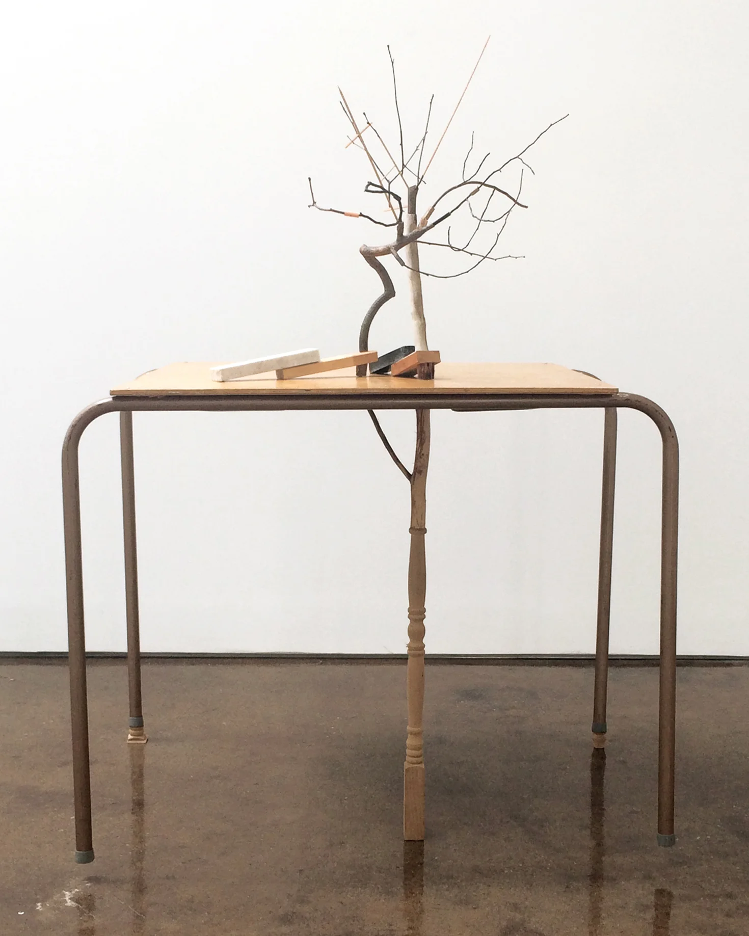 leter arber 2017 twigs, mixed media wood products, marble, granite, table 52 x 37 x 30 inches