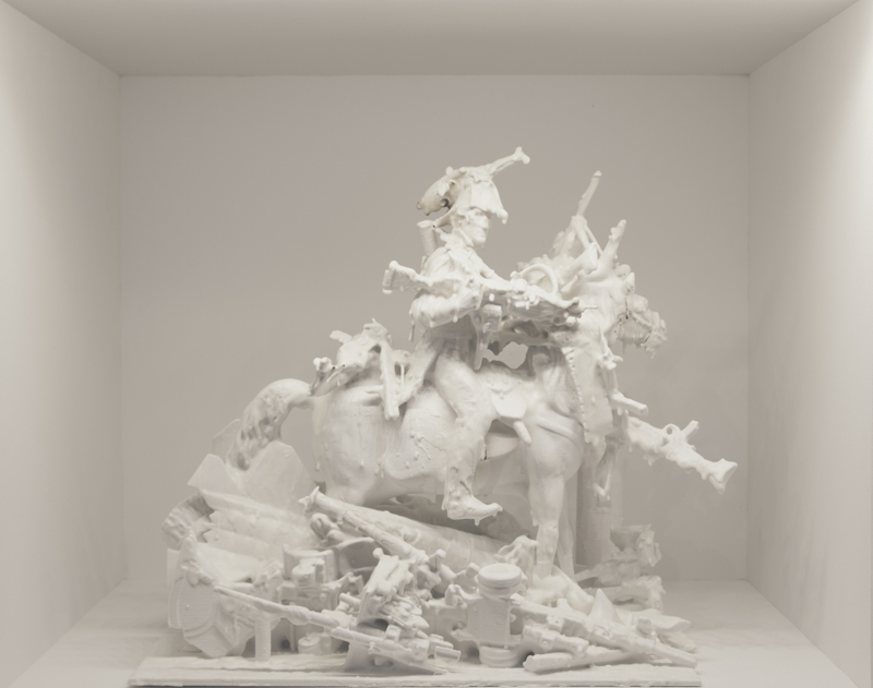 The War Lord 2017 SLS 3D nylon and torched encaustic paint embedded in wall niche with LED edition of 2 14 x 17 x 13 inches