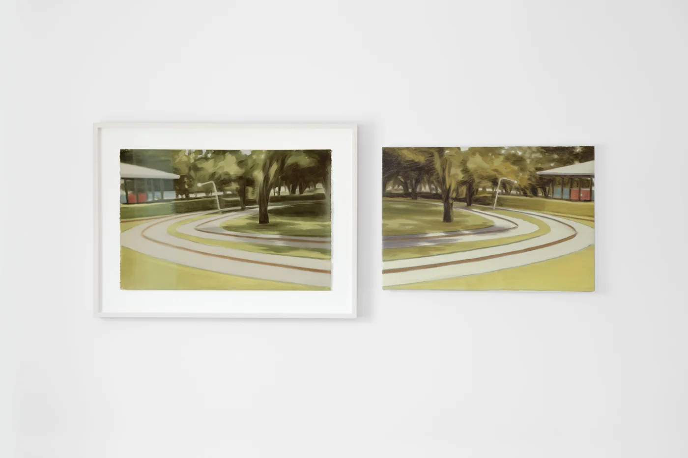 NICK OSTOFF Roundabout (colour source mirror diptych) 2017 oil on paper; oil on canvas 26 x 55 inches installed
