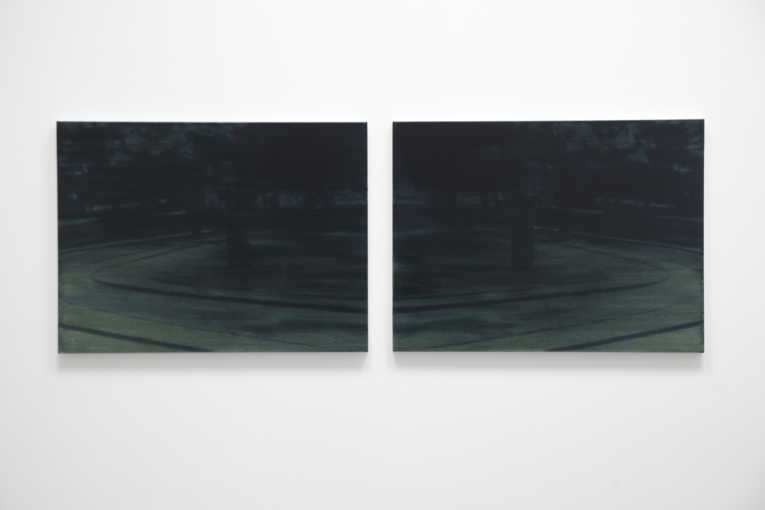   Roundabout (large dark mirror)  2018 diptych; oil on canvas on panel 30 x 40 inches each 
