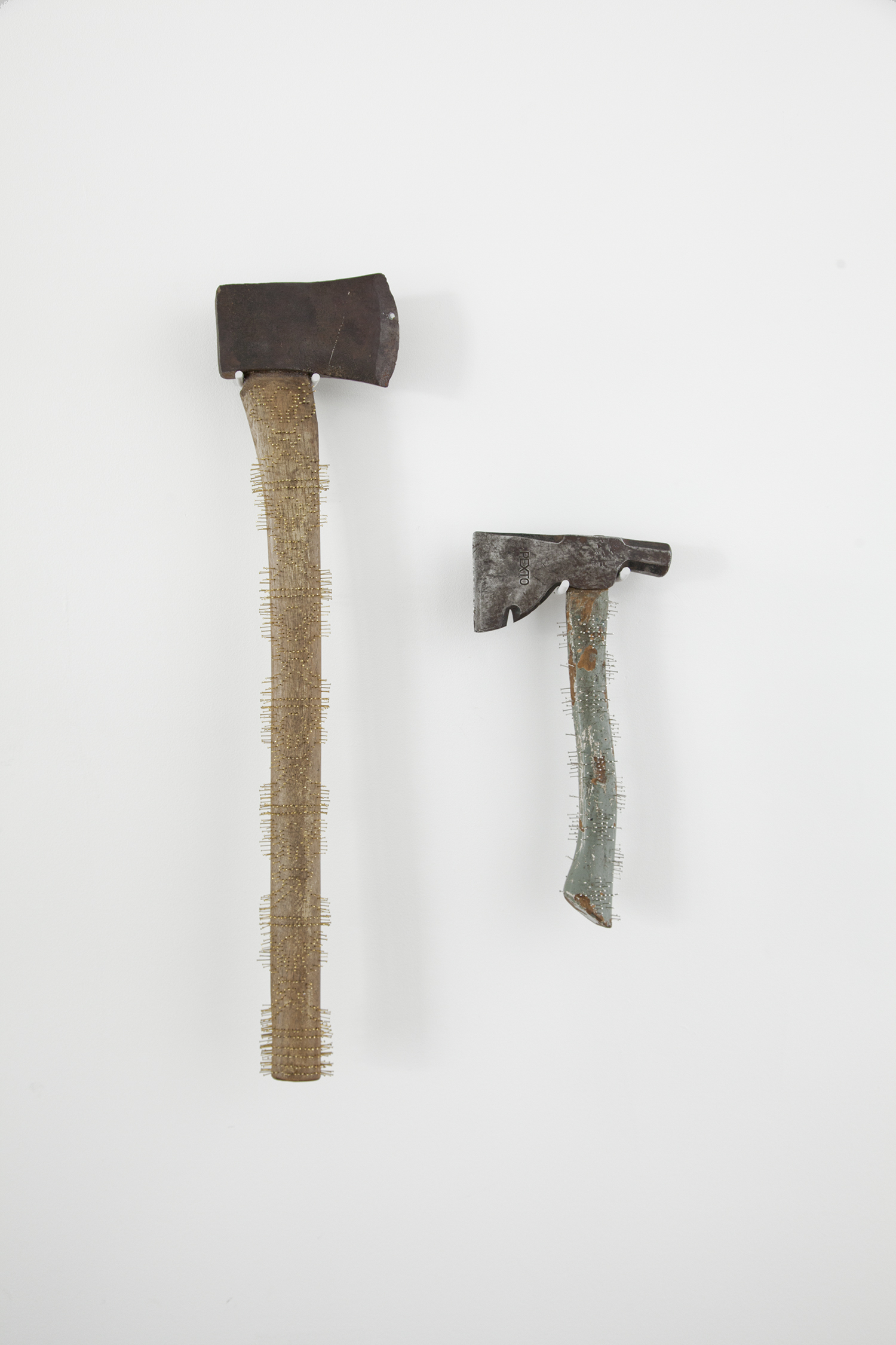   long axe  and  periwinkle axe  2017 found axes, straight pins 24 x 6 x 1.5 inches and 12 x 6.5 x 1.5 inches  
