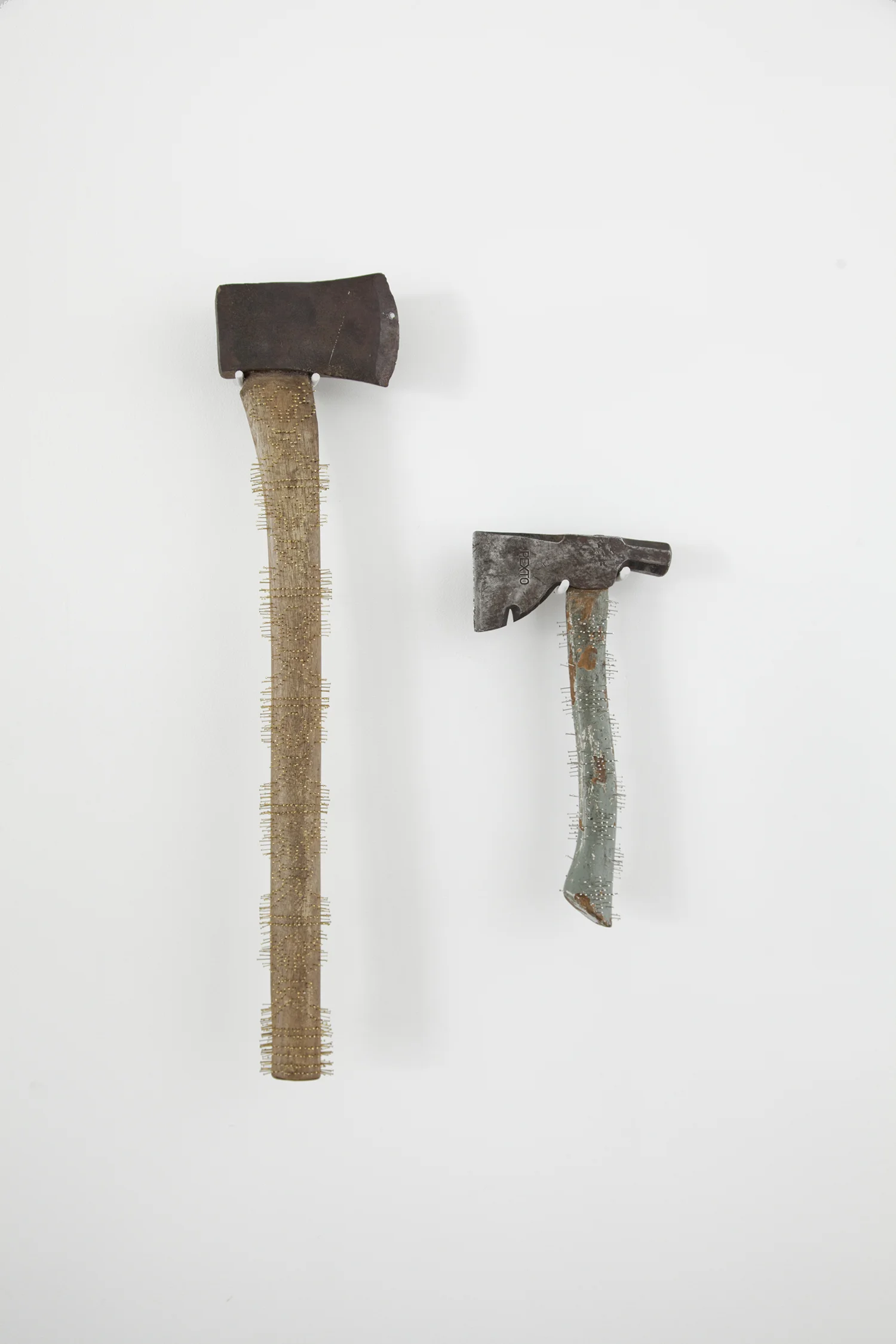 long axe and periwinkle axe 2017 found axes, straight pins 24 x 6 x 1.5 inches and 12 x 6.5 x 1.5 inches
