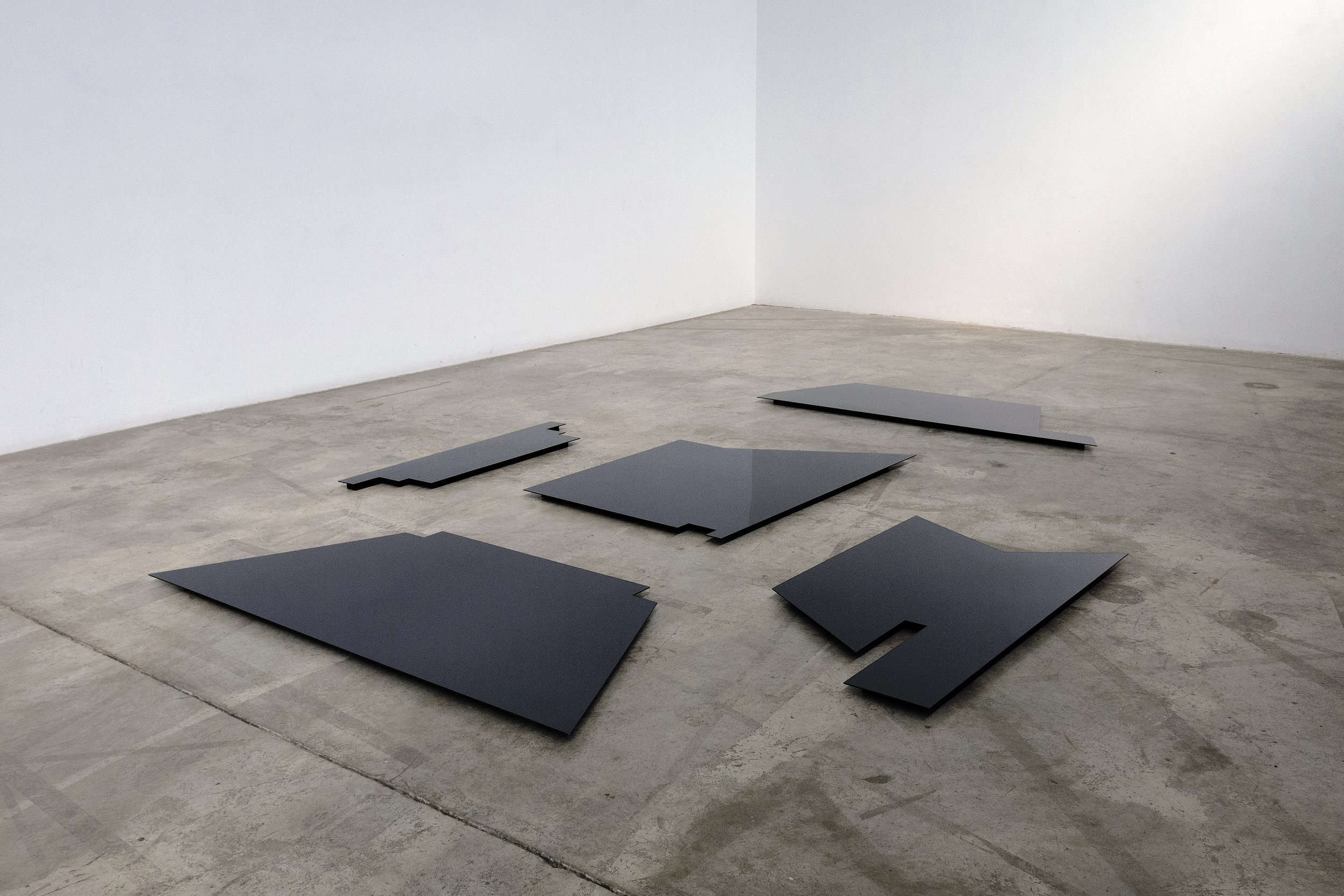   The Space In-Between Private and Public, Structures No. 1 - No. 5  2015 black acrylic mirror, archival gatorboard backing edition of 2 dimensions variable 