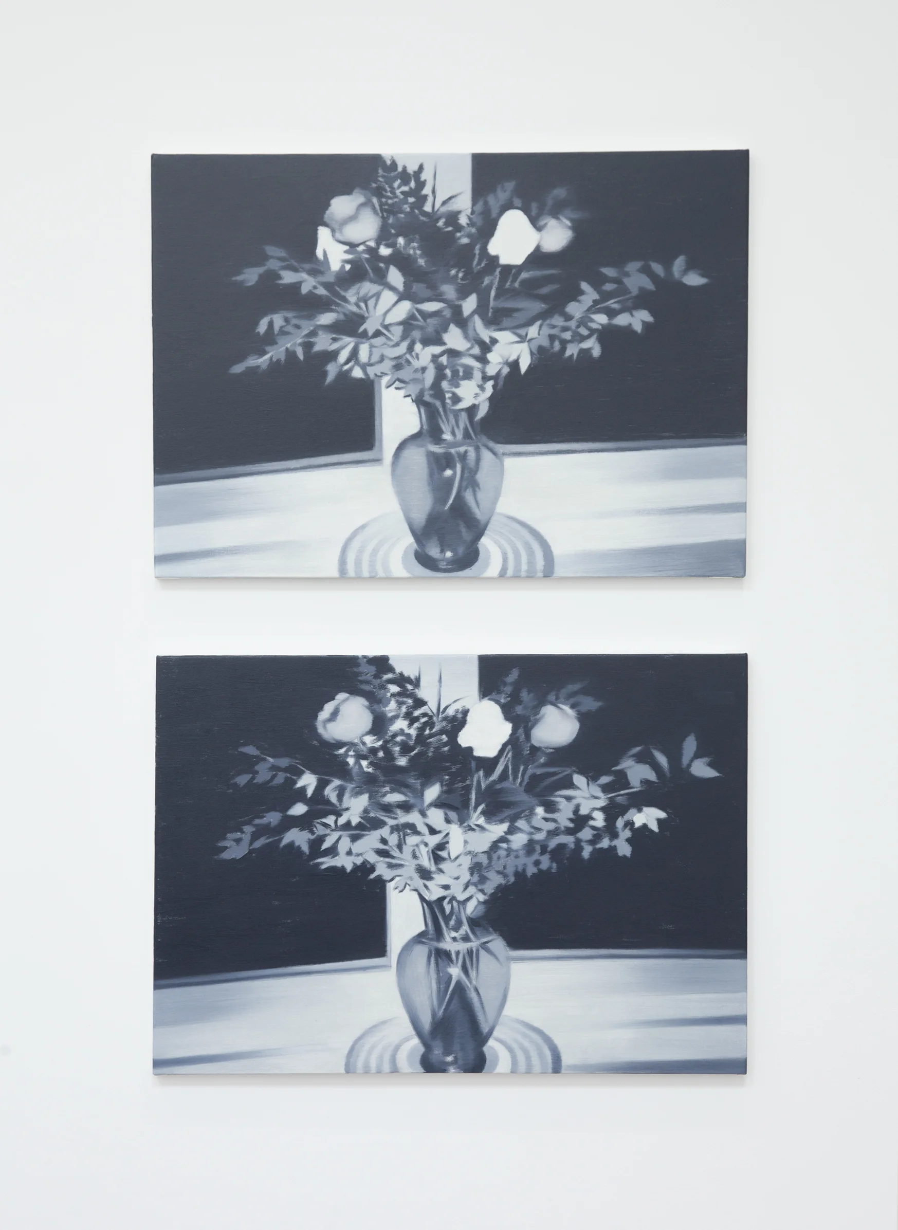 NICK OSTOFF Bouquet (grisaille 1) and Bouquet (grisaille 2) 2019 oil on canvas on panel 18 x 26 inches each