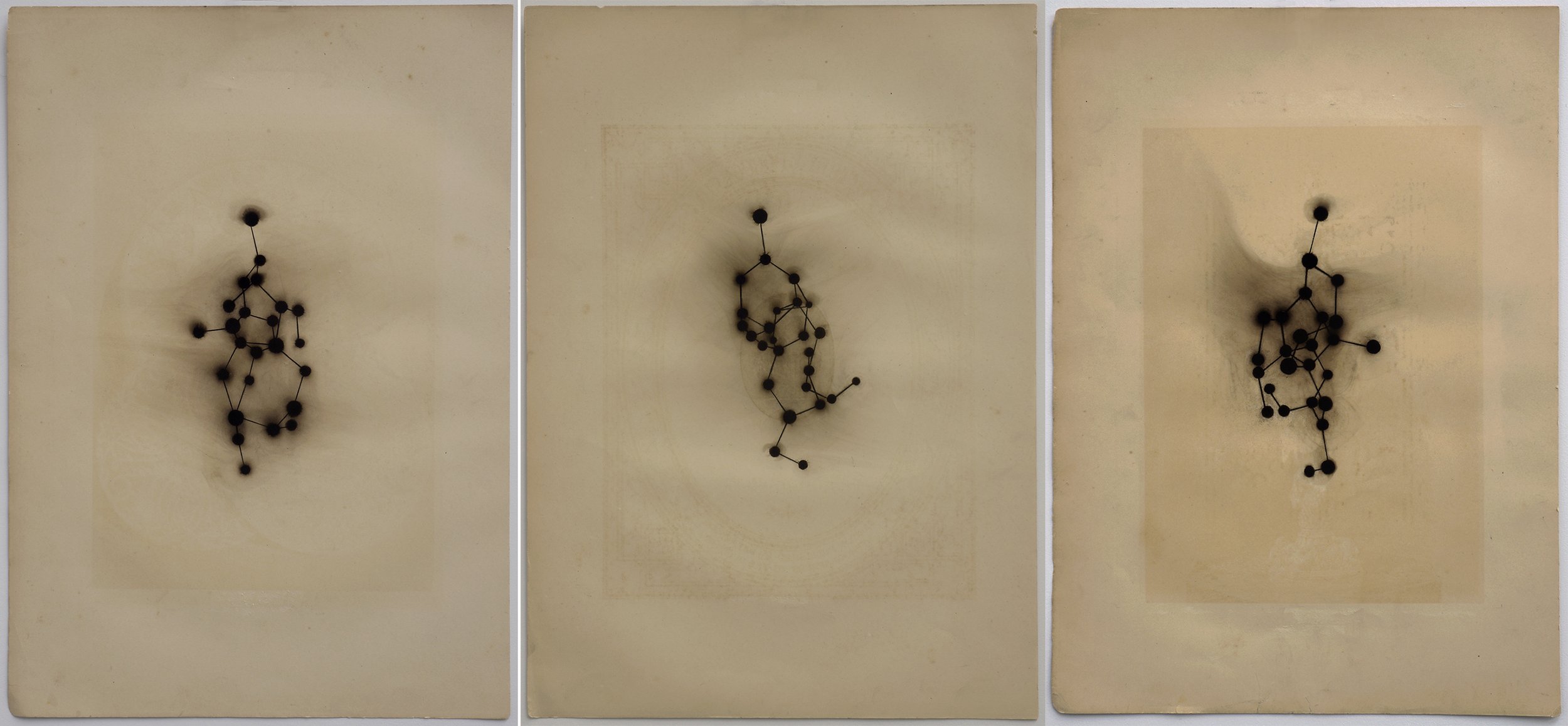   aerobic figures 7-9  2020 triptych; soot, discarded book plates 3@ 15.5 x 11.125 inches   