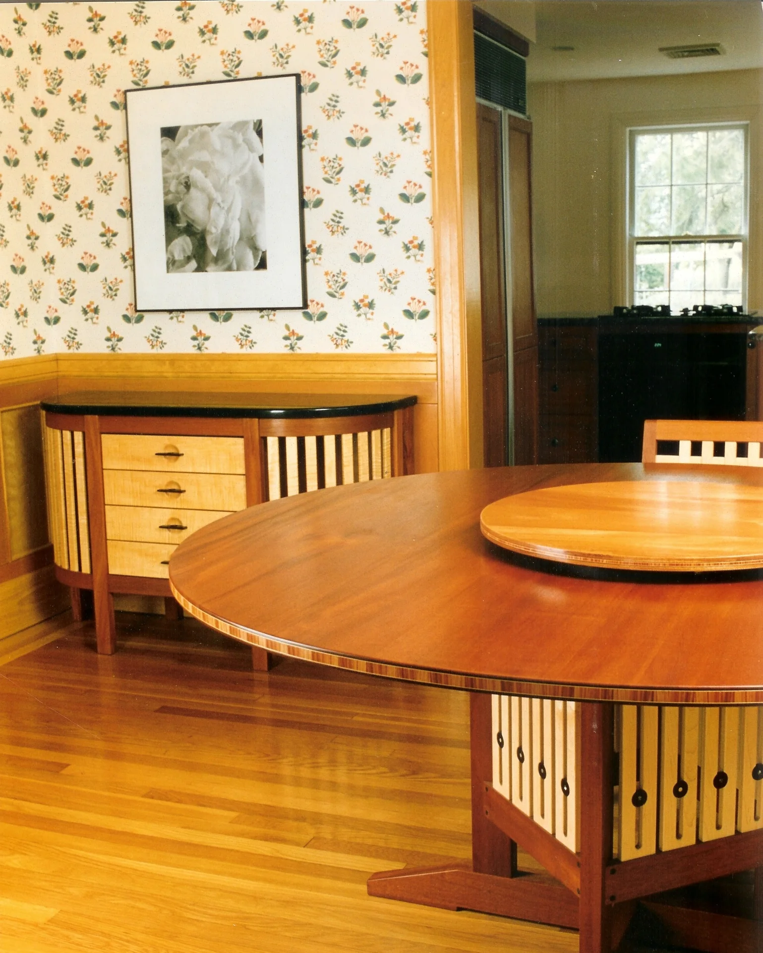 60 inch Round Curly Maple and Mahogany Table