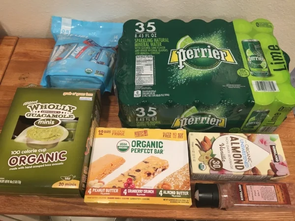 1. Probar Fuel 2. single serve guac 3. lime perrier 4. perfect bars 5. unsweetened almond milk 5. pink himalayan sea salt 
