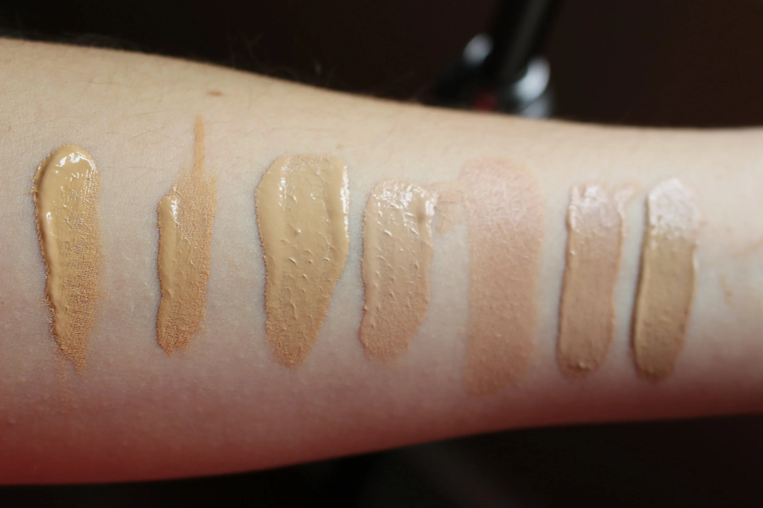 Left to right: Milani Conceal + Perfect 01, L'Oreal Pro-Matte 105, L'Oreal True Match W4, Chanel Perfection Lumiere Velvet 20 Beige, L'Oreal Lumi Cushion W2, Estée Lauder Double Wear Light 2.0, It Cosmetics CC Cream Light