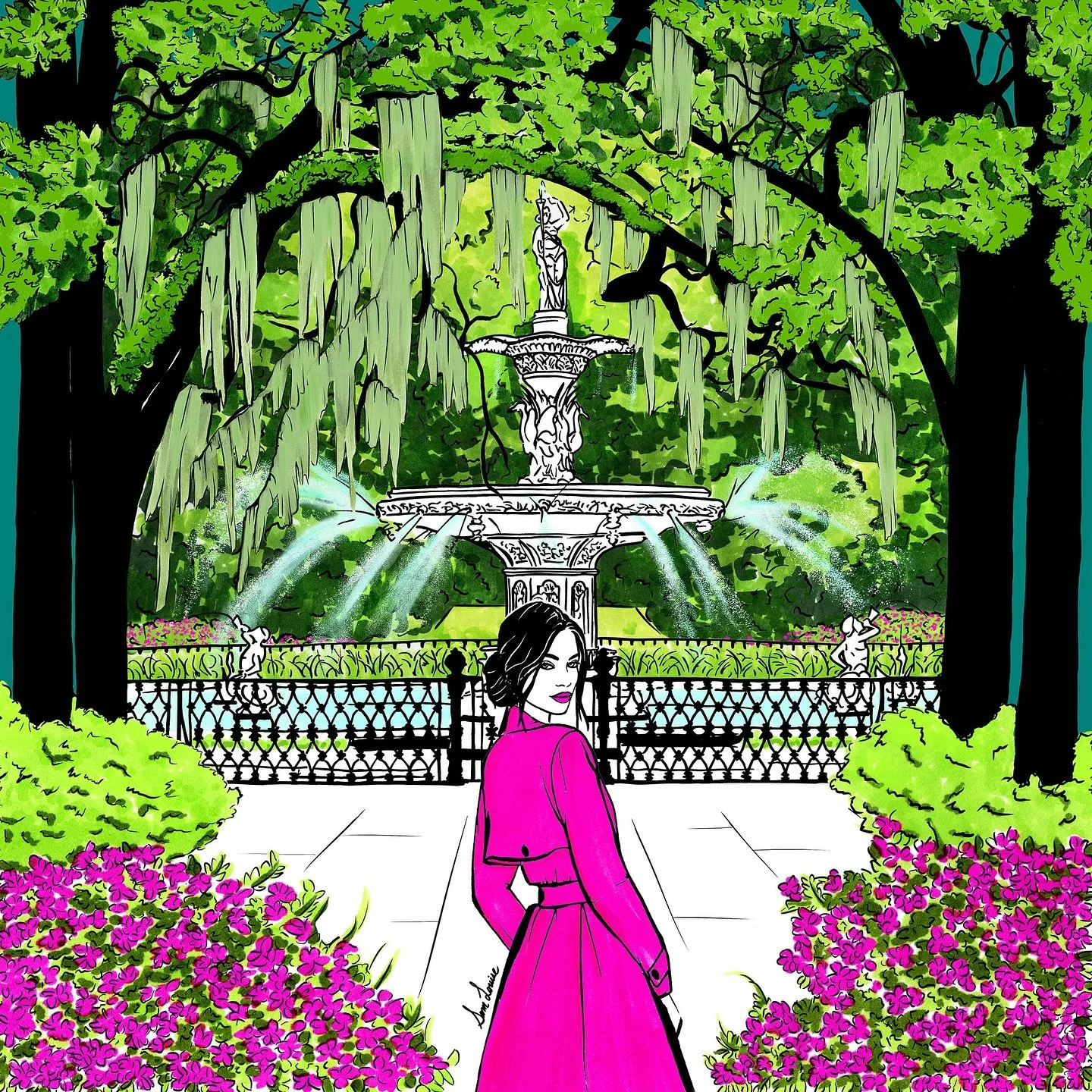 Savannah is HERE 🍃⛲️🌸 This illustration has been a long time coming, but it was worth the wait! Creating this piece was especially meaningful since the city shaped my passion for illustration and is like a second home to me. 

I chose Forsyth Park 