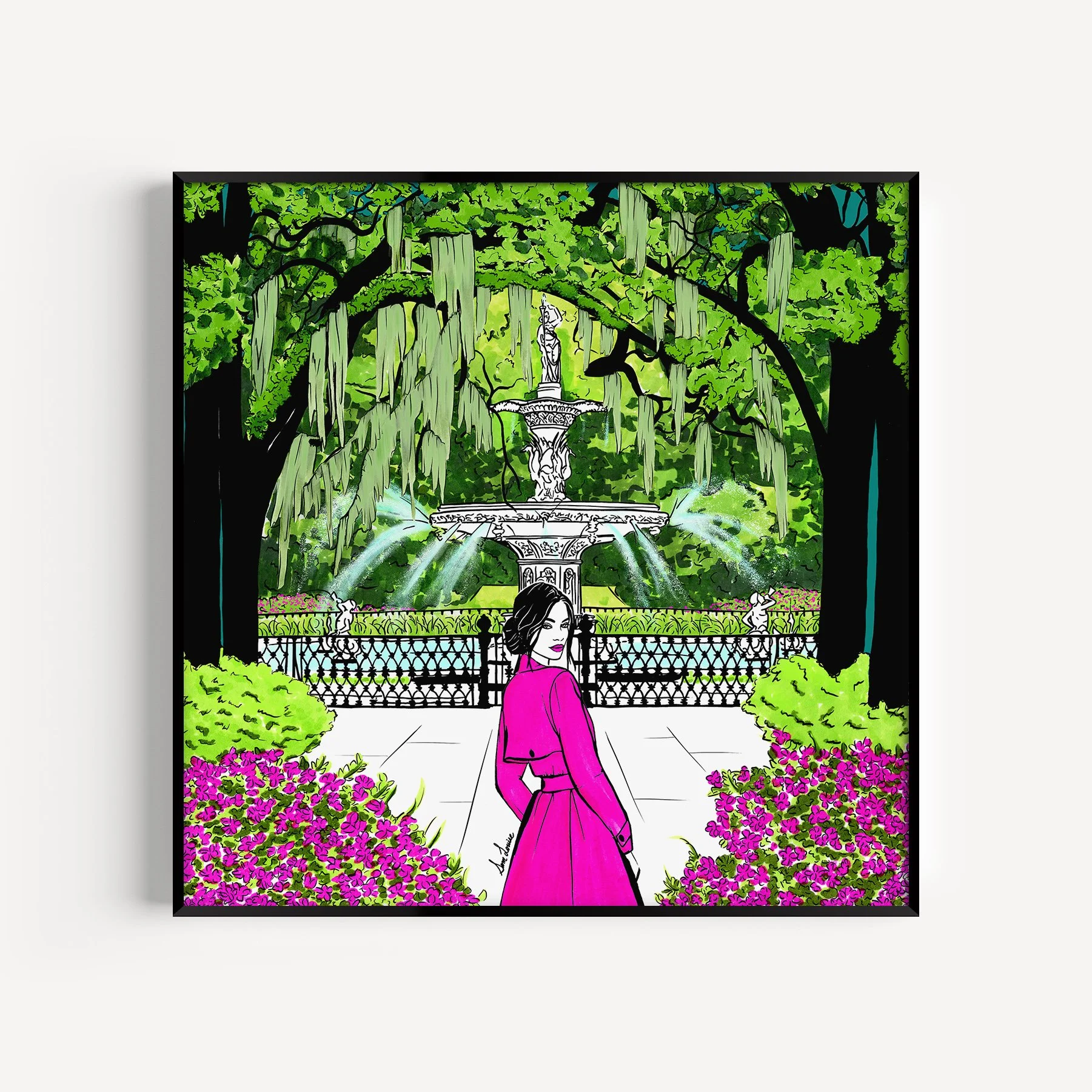Savannah, Georgia art print by Sam Louise, featuring Forsyth Fountain, Spanish moss, pink azaleas, and a girl in pink trench coat.