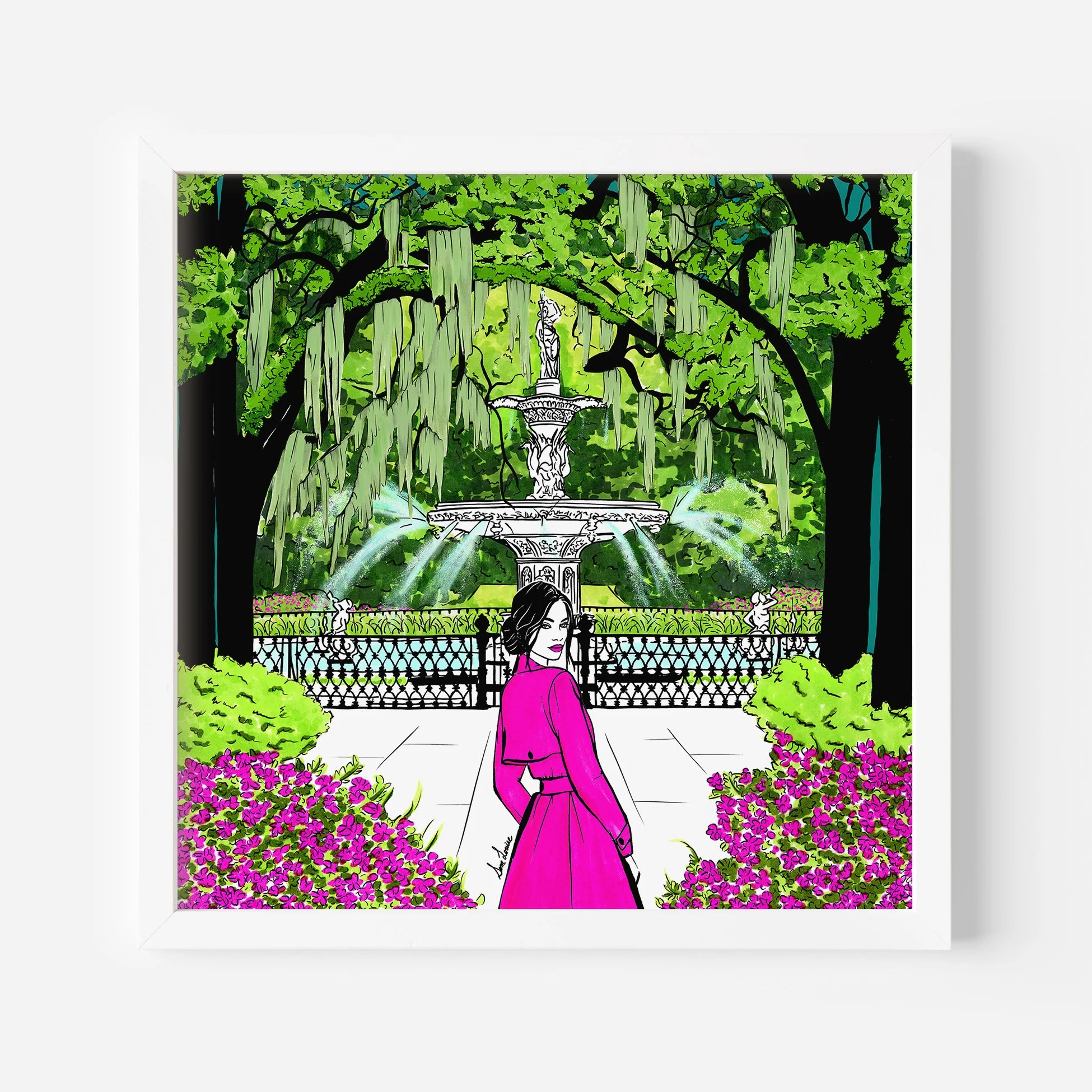 Savannah, Georgia fashion illustration of Forsyth Fountain by Sam Louise.