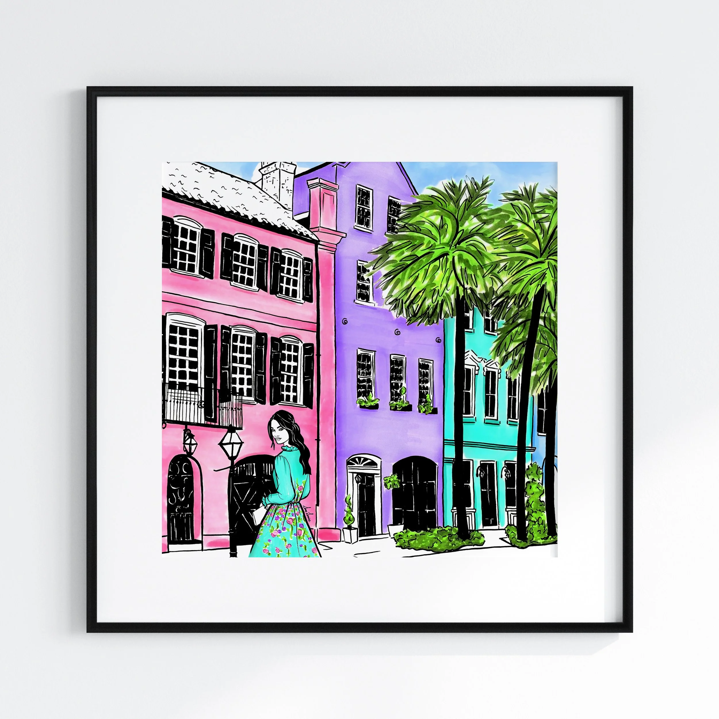 Charleston art print by Sam Louise, featuring Rainbow Row and turquoise fashion illustration.
